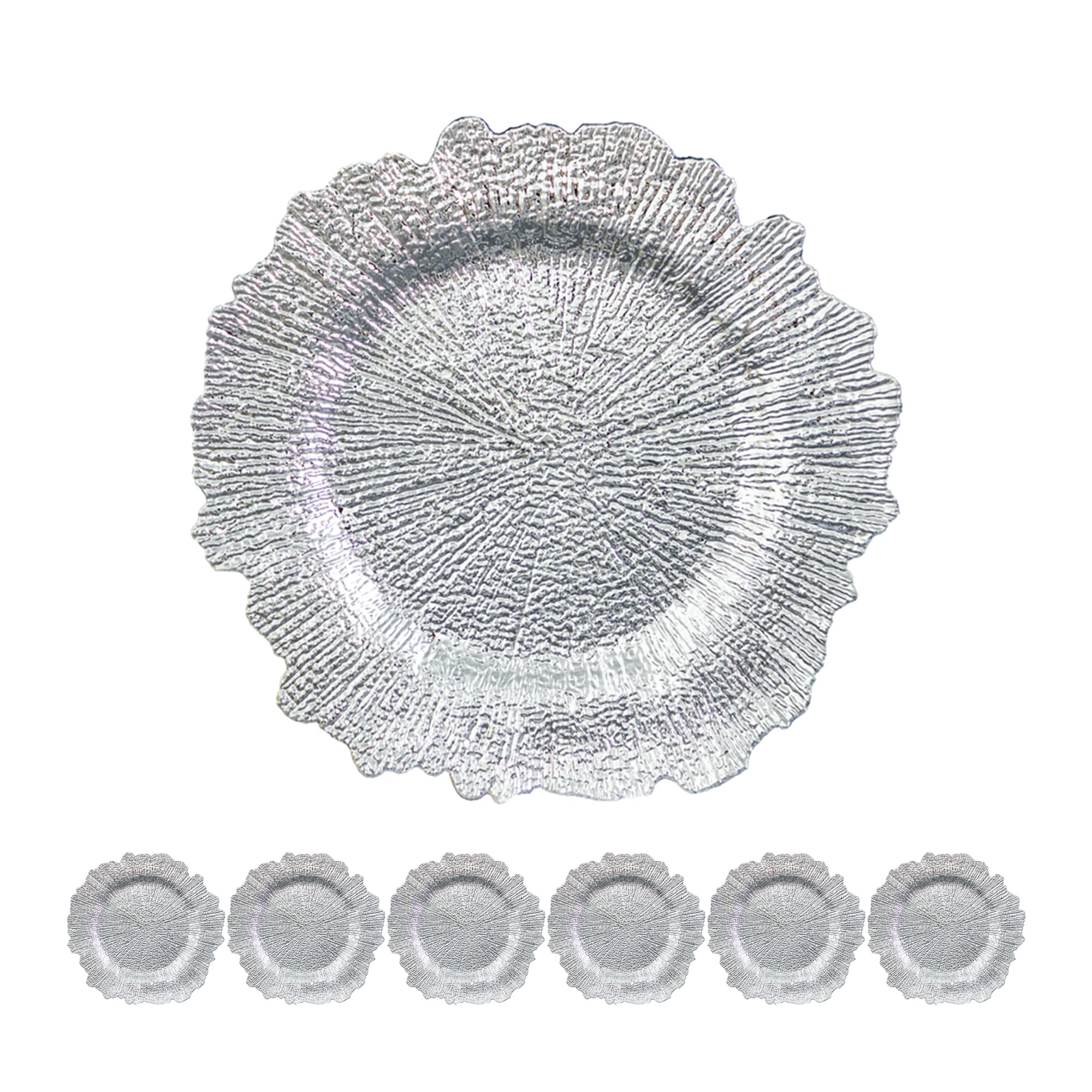 RYR 13 Inch Silver Plastic Charger Plates - Round Ganoderma Design for Elegant Table Settings, Dinner Plates, Holidays & Parties (Set of 6) - Perfect for Weddings, Banquets & Formal Dining Events