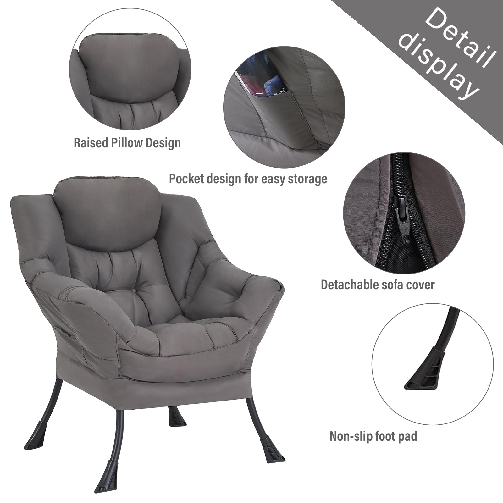 Welnow Modern Lazy Chair - Armrest Lounge Accent Chair with Side Pocket, Upholstered Leisure Sofa for Small Spaces, Bedroom, Dorm | Perfect for Reading, Relaxing & Netflix Binge-Watching in Dark Grey
