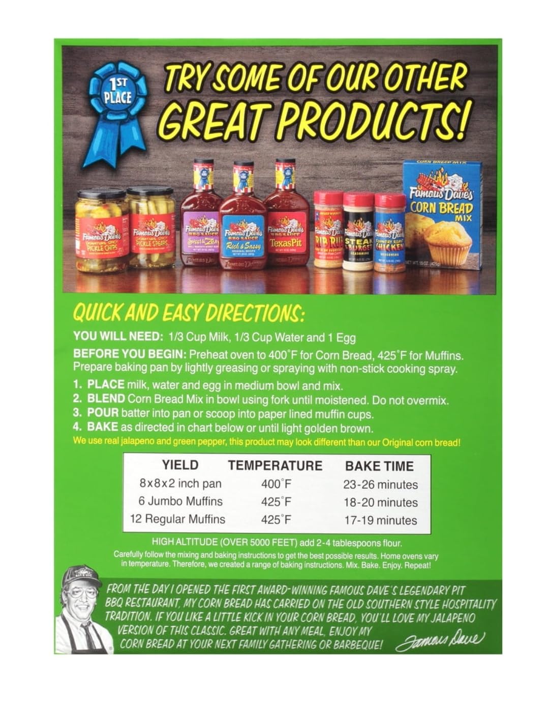 Famous Dave's Jalapeno Cornbread Mix - 2 Pack (15 Oz Each) | Authentic Jalapeno Flavor | Perfect for BBQ, Chili & Southern Cooking | Easy Homemade Cornbread Recipe