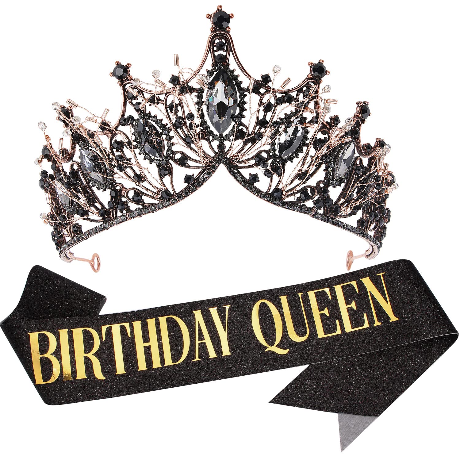 Elegant Birthday Tiaras & Queen Crowns for Women - Black Birthday Girl Sash & Crown Set - Perfect for Birthday Parties, Bachelorette Celebrations & Special Occasions