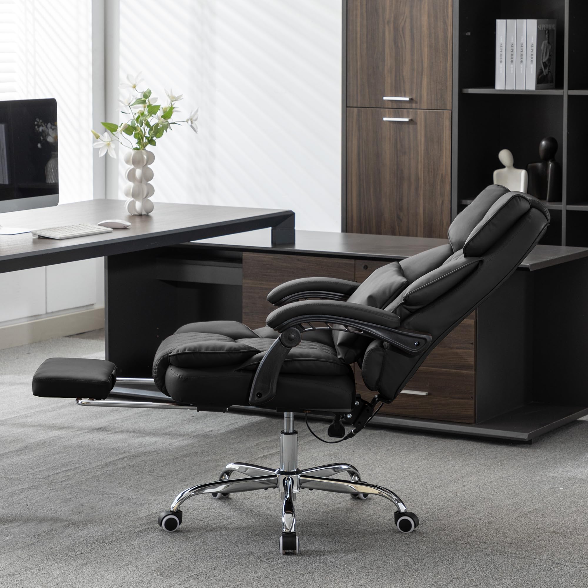 Ergonomic Heated Kneading Massage Executive Office Chair with 90-135° Recline & Footrest - Diamond-Stitched Black Leather Computer Desk Chair for Back Pain Relief - Perfect for Home Office, Gaming & Workspace Comfort