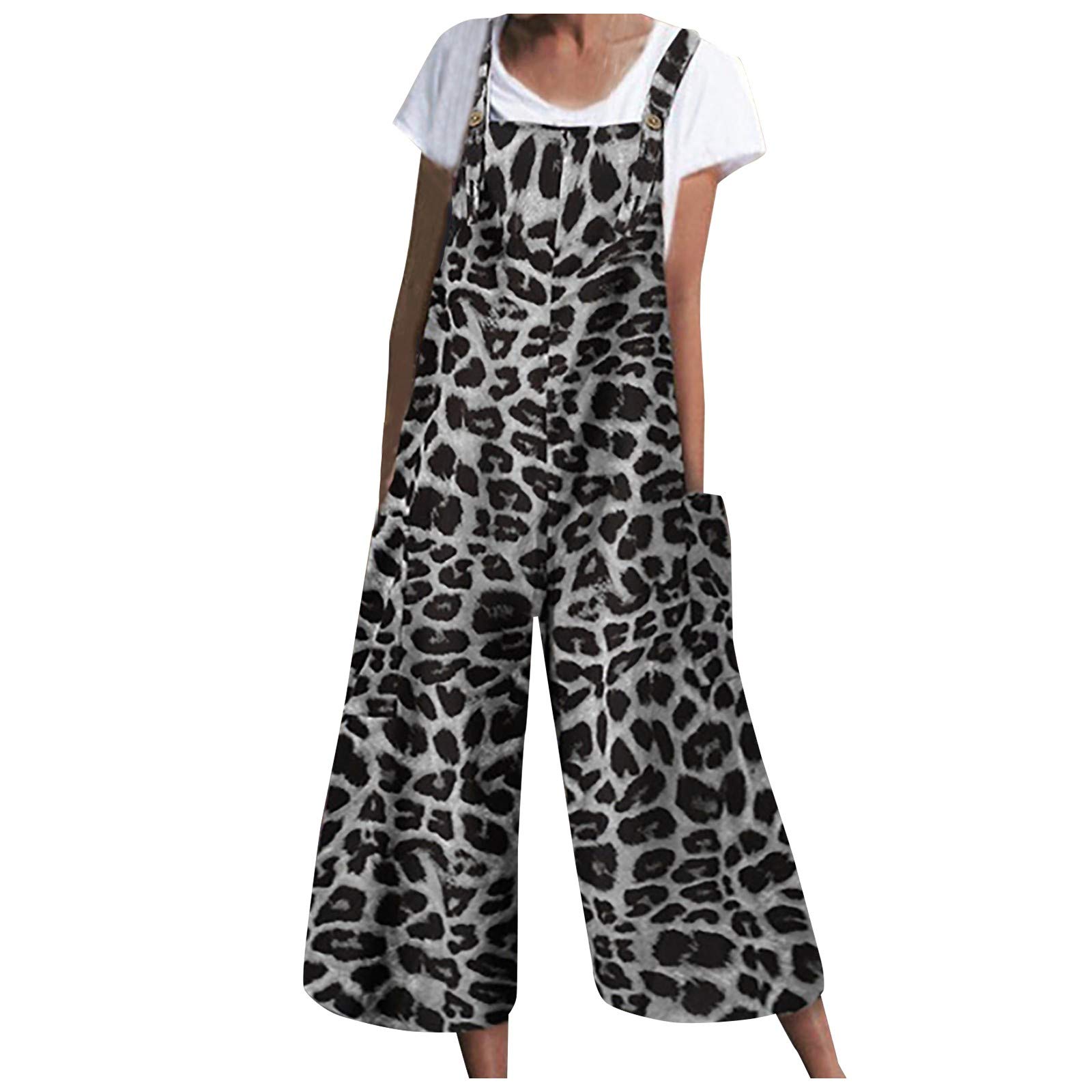 Women's Casual Leopard Print Jumpsuit - Fashion Pocket Micro-Pattern Romper Suit for Juniors (Grey, XL) | Perfect for Summer Outings, Beach Vacations & Casual Wear
