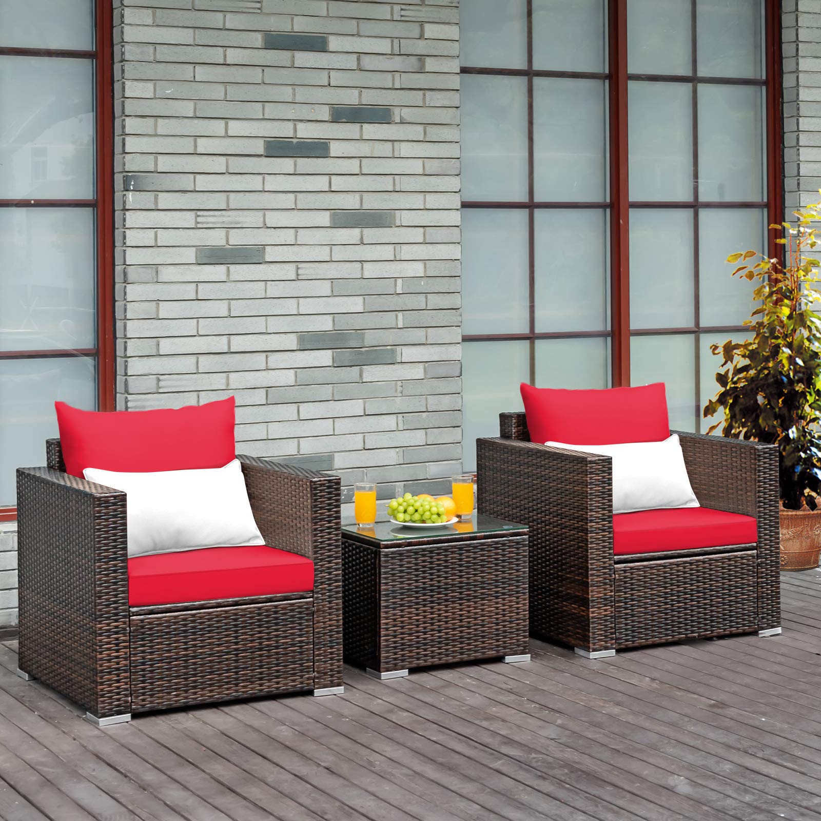 Tangkula 3-Piece Outdoor Patio Furniture Set with Washable Cushions & Tempered Glass Table - PE Rattan Wicker Sofa Set for Garden, Poolside, Balcony - Perfect for Relaxing, Entertaining & Outdoor Dining