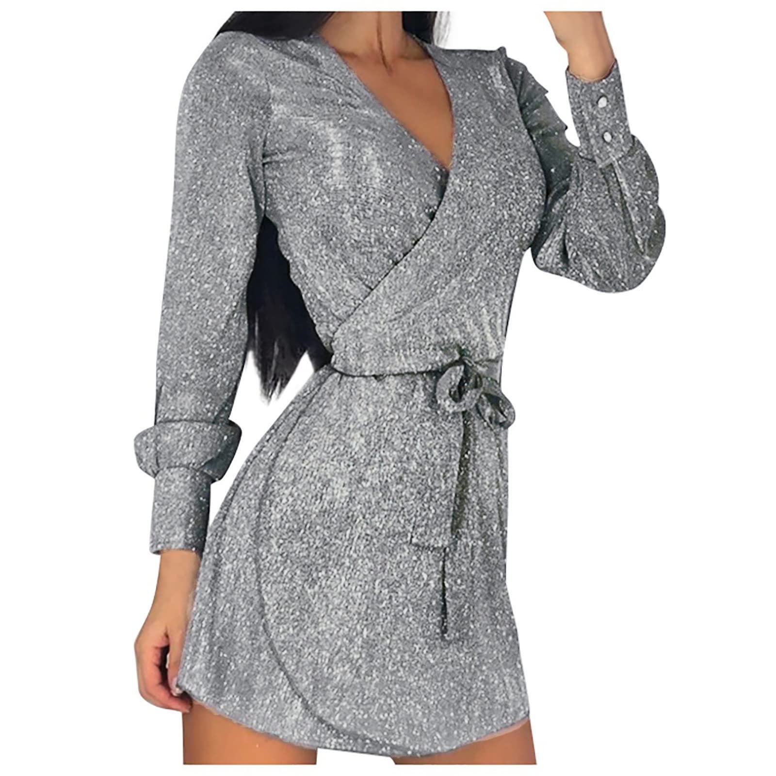 Elegant Long Sleeve V-Neck Sequin Mini Dress for Wedding Guest - Slim Ruched Cocktail Party Bandage Dress | Perfect for Formal Events, Evening Parties & Special Occasions
