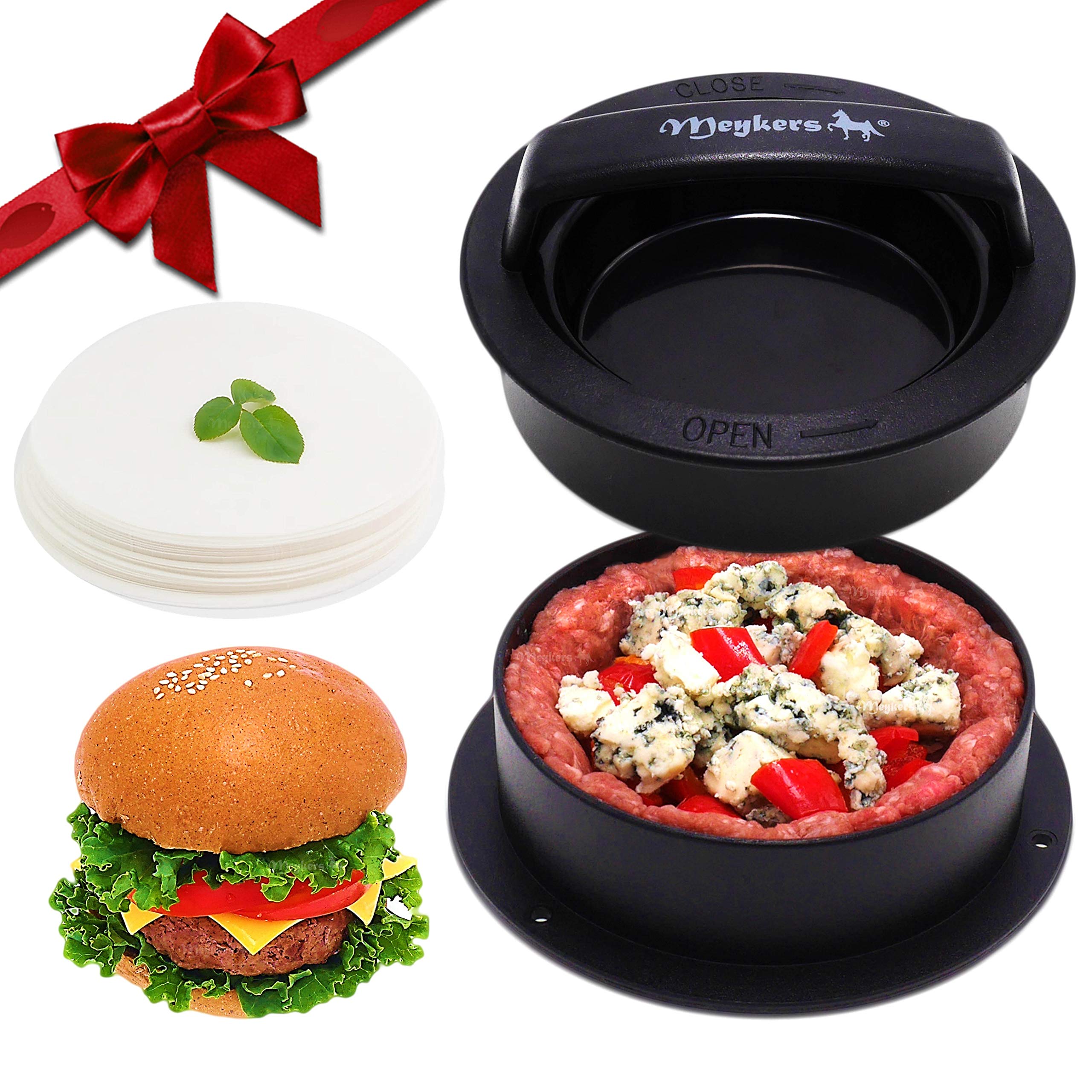Meykers 3-in-1 Non-Stick Hamburger Patty Press Maker with 100 Wax Papers - Perfect for Cheeseburgers, Sliders, Stuffed Burgers, Beef & Vegan Patties - Ideal for BBQ, Grilling, Home Cooking & Outdoor Parties