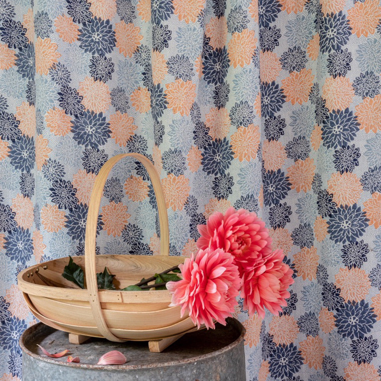 Premium Dahlia Block Printed Cotton Fabric - Indigo & Peach - Perfect for Boho Dresses, Home Decor & DIY Crafts