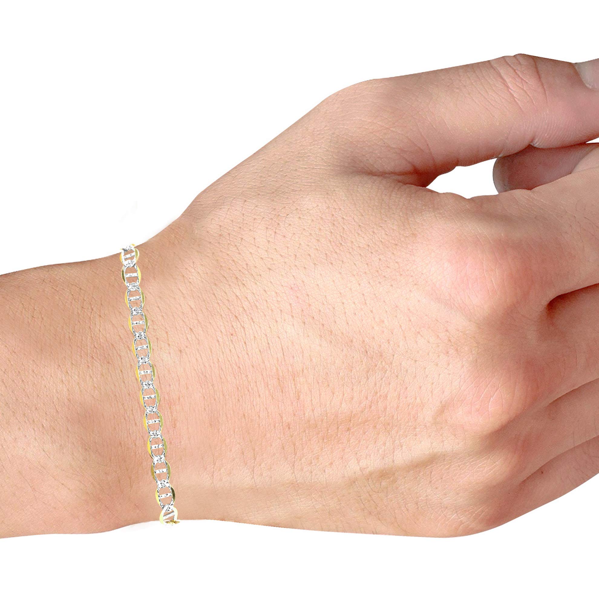 10K Real Yellow Gold Solid Mariner Anchor Chain Bracelet with Pave Diamond Cut - 4mm Width (7