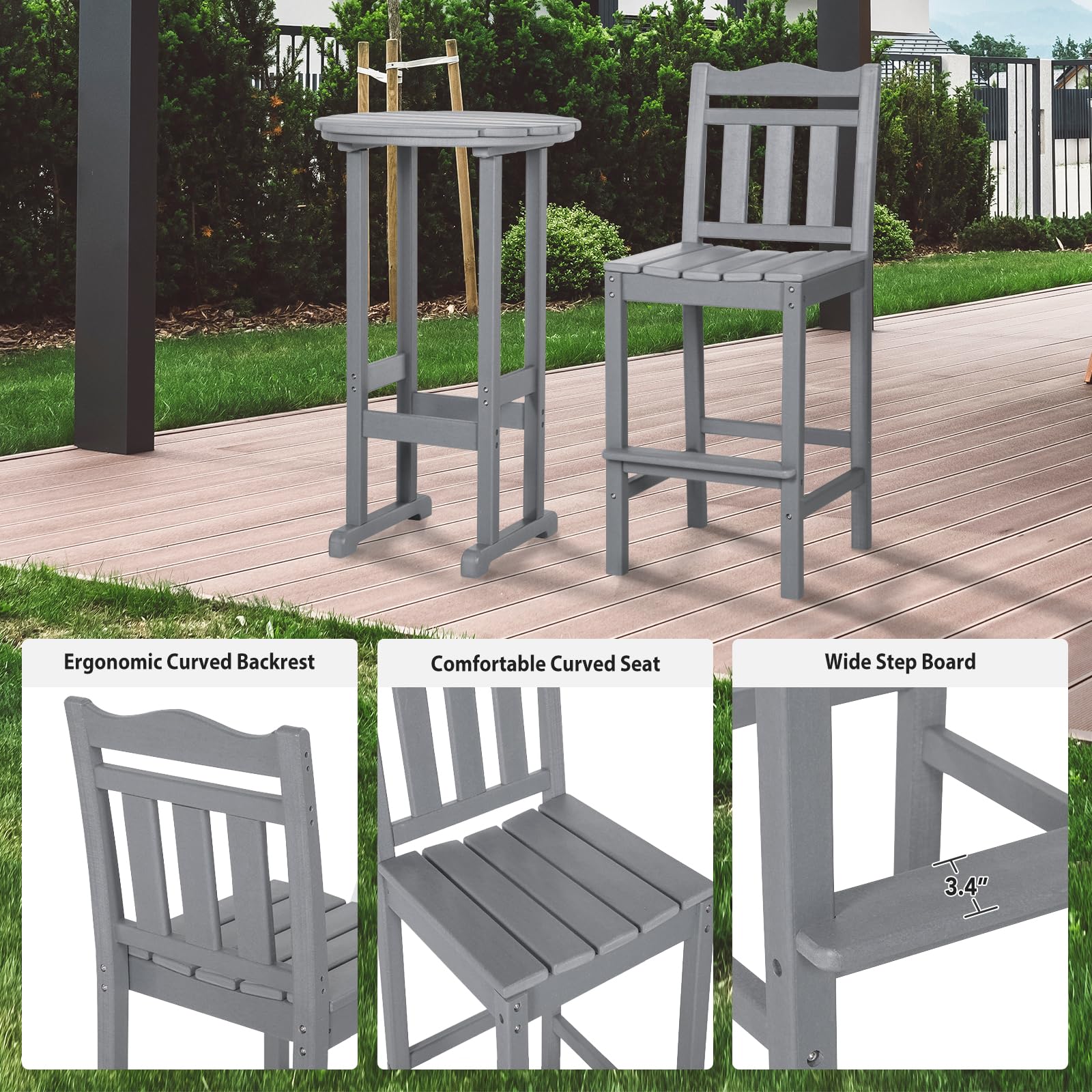 Premium HDPE Outdoor Bar Chairs and Table Set - 3-Piece Adirondack Balcony Furniture for Garden, Yard, Backyard (Grey) - Perfect for Patio Lounging, Poolside Relaxation, and Outdoor Entertaining
