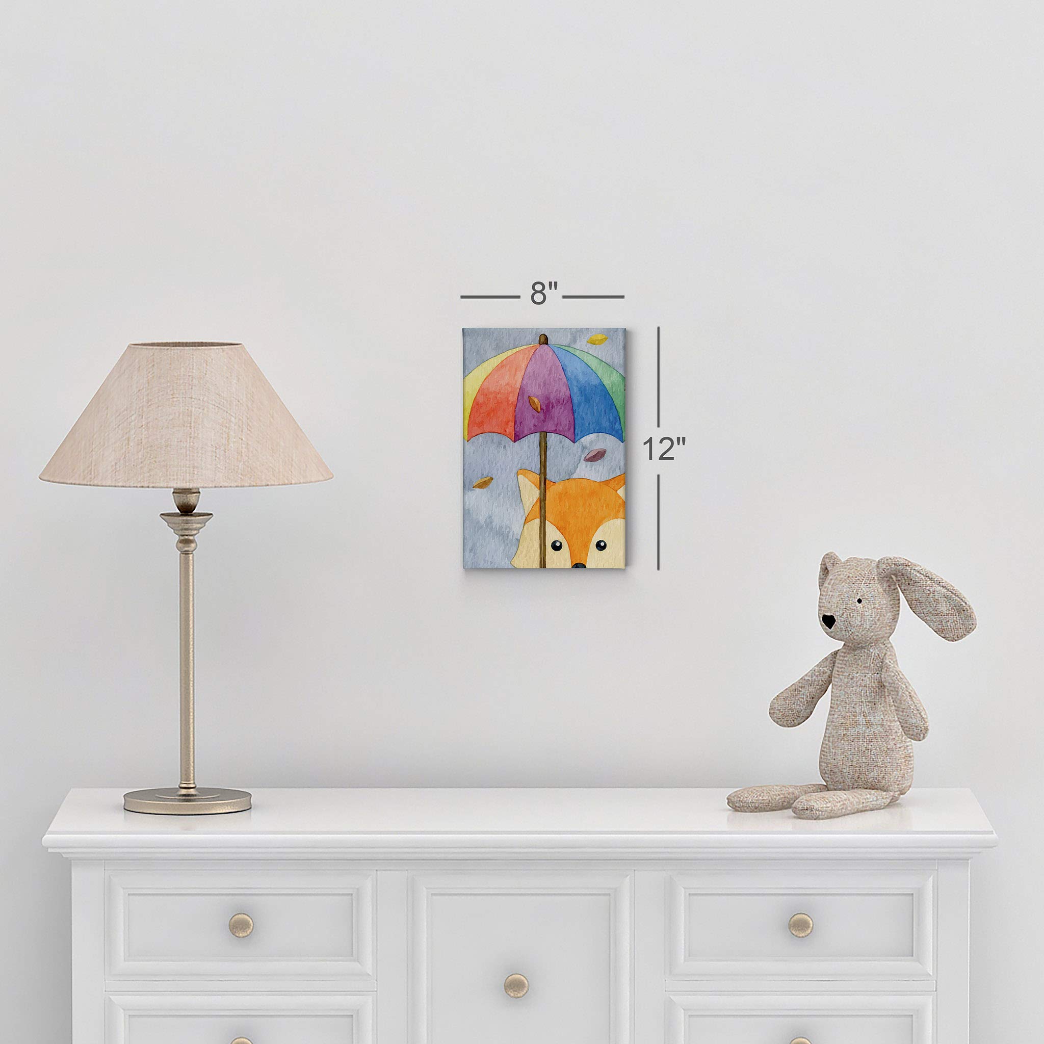 Cute Fox Umbrella Painting Canvas Print - Autumn Theme Gray Background Wall Art for Kids Room, Nursery & Baby Room Decor - 40x30 Inches Made in USA | Perfect for Children's Bedroom, Playroom & Preschool Classroom Decor