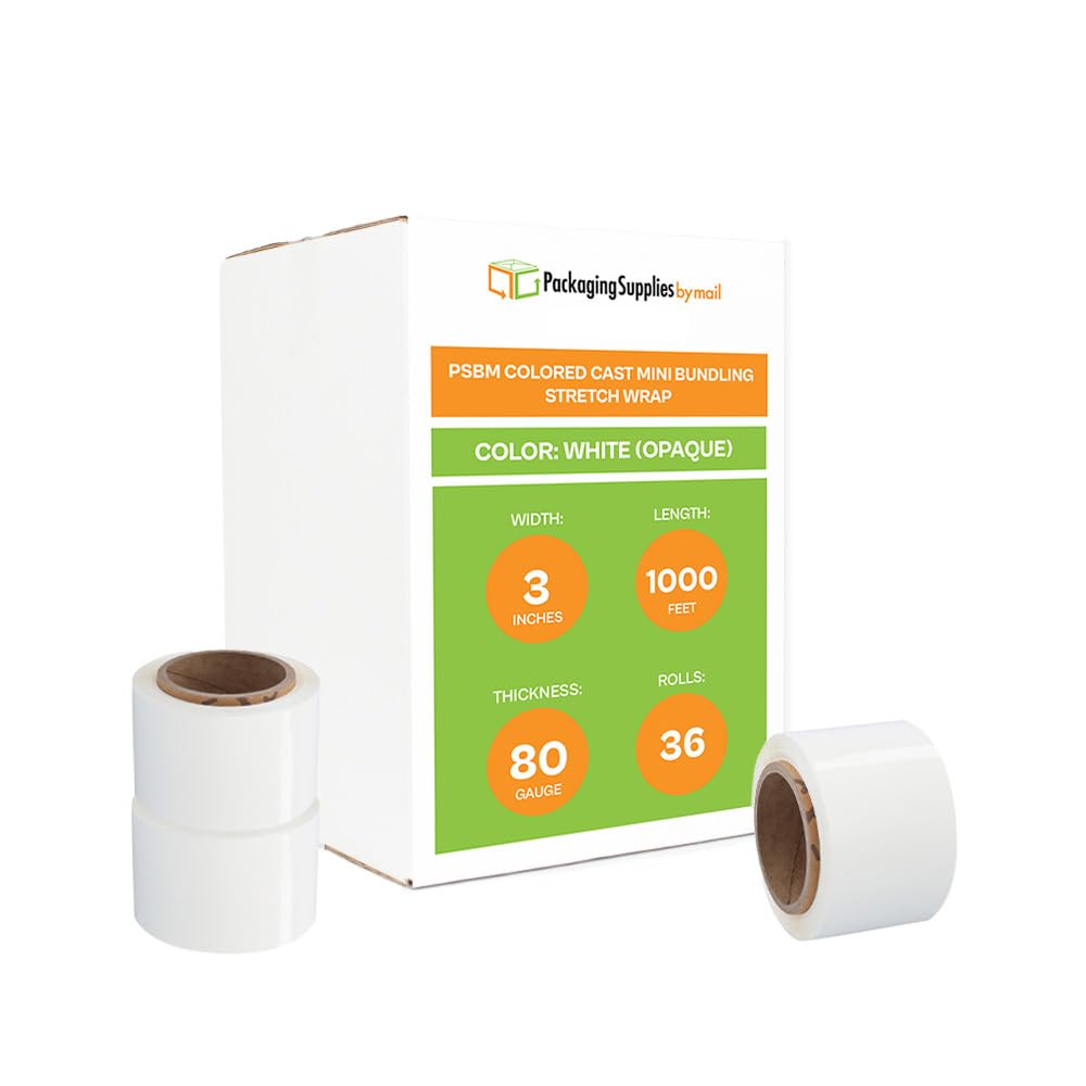 PSBM White Mini Stretch Wrap with Plastic Handle - 36 Pack, 3 Inch x 1000 Feet, 80 Gauge Plastic Cling Film Rolls for Color Coding, Storing & Shipping Pallets - Ideal for Warehouse, Moving & Industrial Packaging