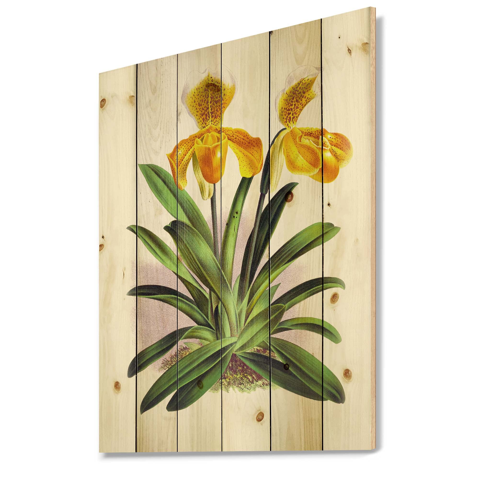 Vintage Yellow Orchid Wood Wall Decor - Traditional Floral Pine Wood Art Panel - Large Green Wood Wall Hanging for Living Room, Bedroom & Office Decor