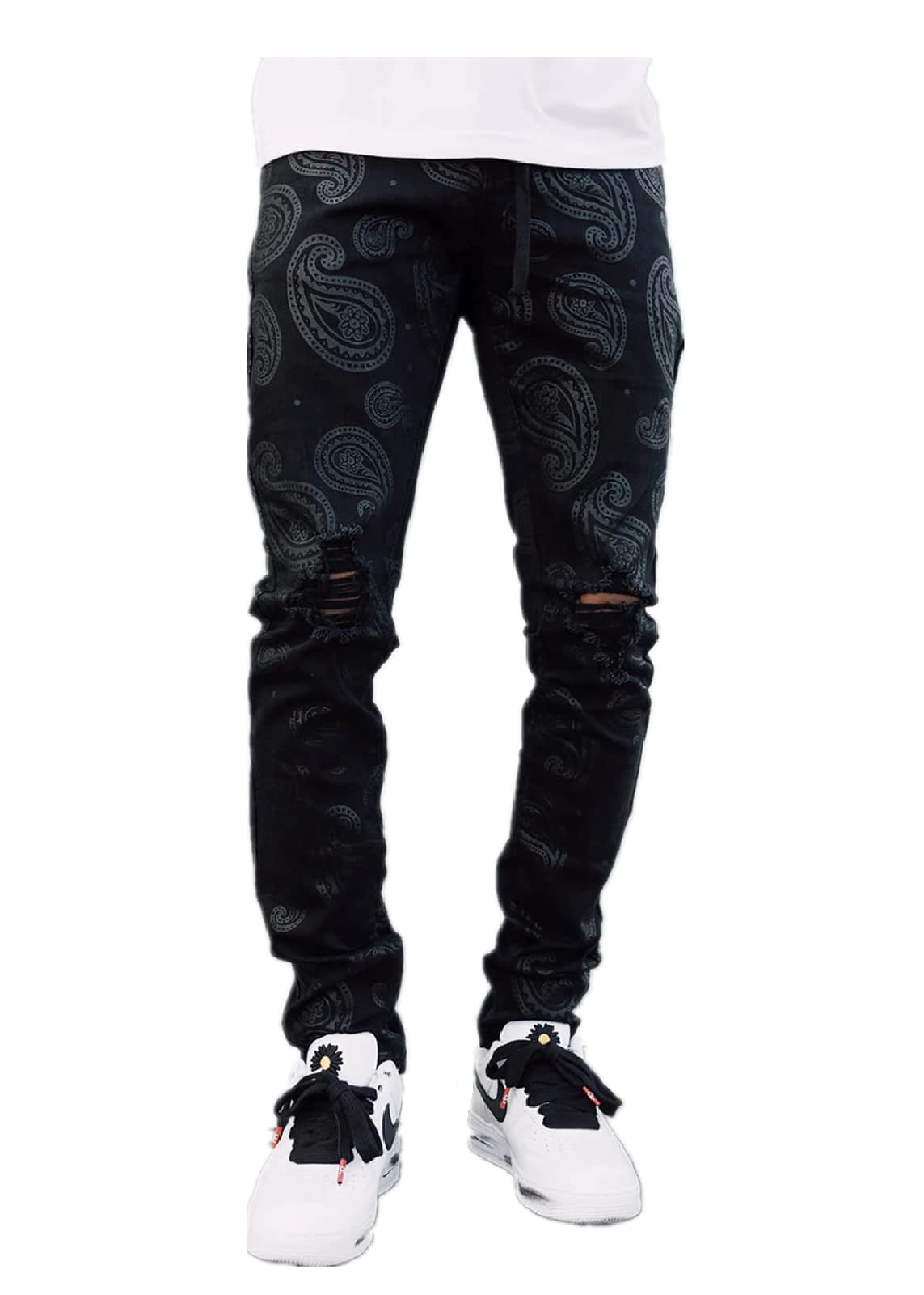 Men's Ripped Straight-Leg Denim Jeans - Black Distressed Printed Trousers for Casual Wear & Street Style