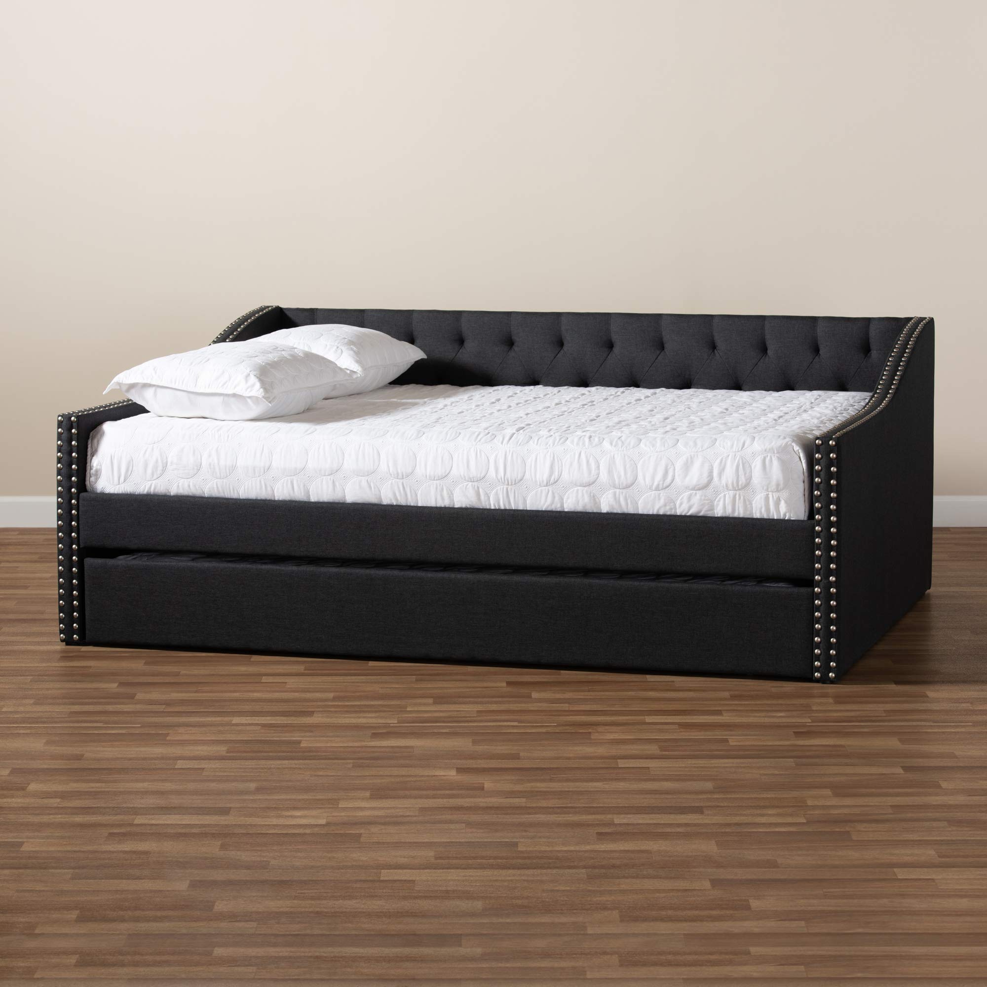 Baxton Studio Modern Queen Daybed with Trundle - Dark Grey Upholstered Sleeper Sofa for Guest Room, Living Room & Small Spaces