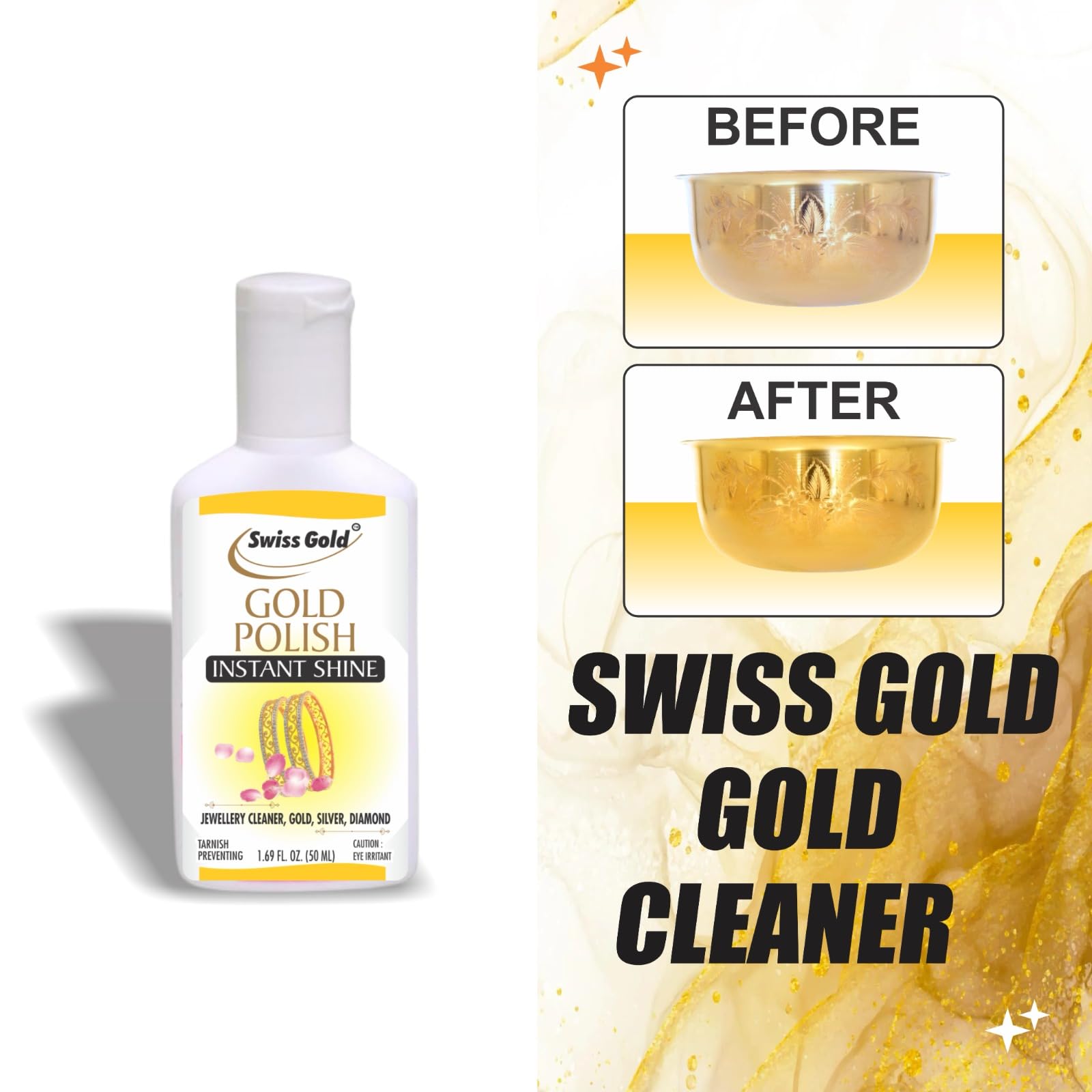 SWISS GOLD Instant Jewelry Cleaner & Polishing Solution - Removes Tarnish from Gold, Diamond & Gemstone Jewelry | Fast Shine Restoration | Perfect for Rings, Necklaces, Earrings & Watches | Safe for Daily Cleaning & Special Occasion Preparation