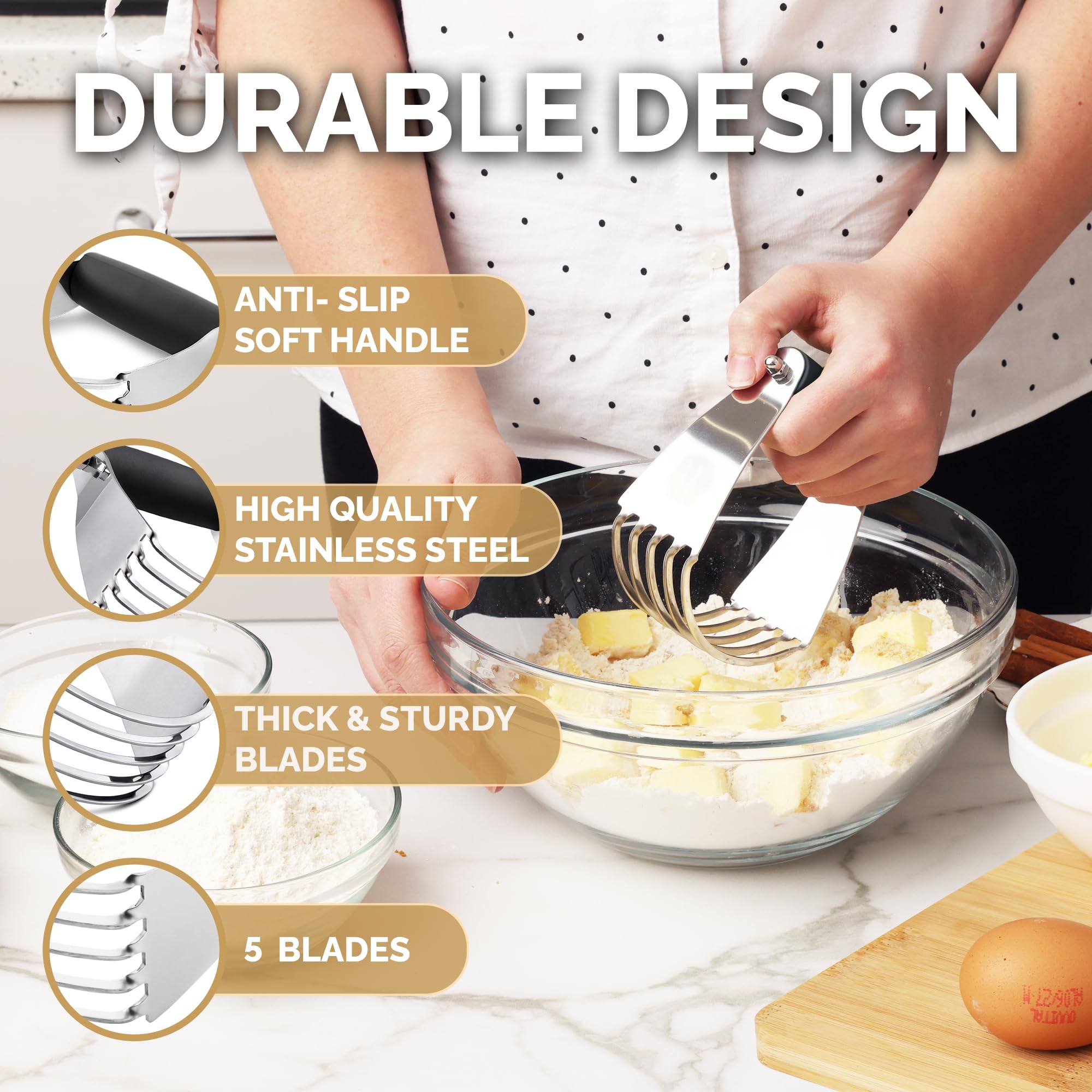 Zulay Kitchen Professional Stainless Steel Dough Blender - Heavy Duty Pastry Cutter with Sharp Blades for Baking Pies, Cookies & Biscuits | Perfect Butter Cutter for Home Bakers & Pastry Chefs