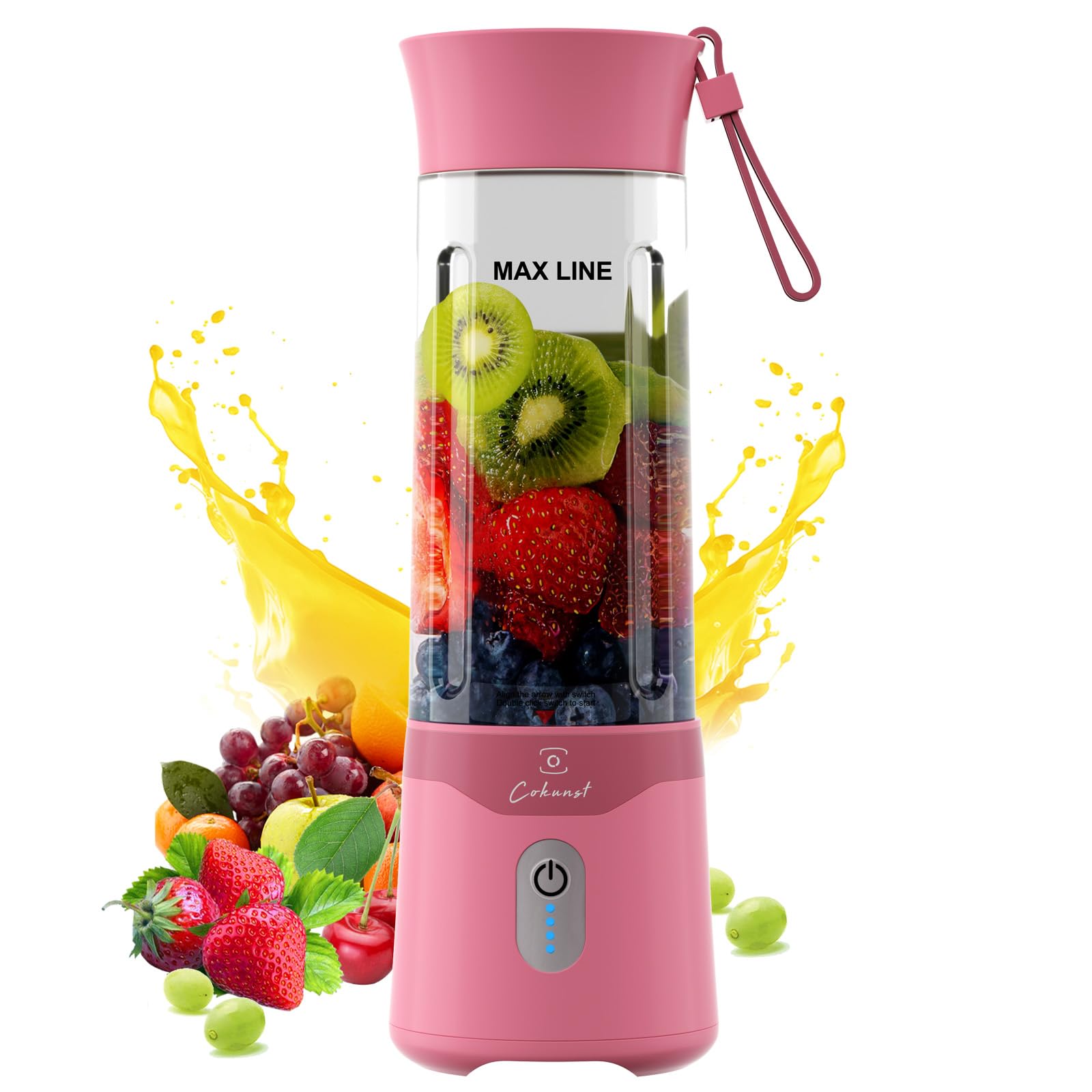 COKUNST 18oz Portable Blender - USB Rechargeable Personal Smoothie Maker with 6 Stainless Steel Blades for Protein Shakes, Juicing & Meal Prep | Travel, Gym & Outdoor Sports Essential | Compact Design with Handle Lid - Pink