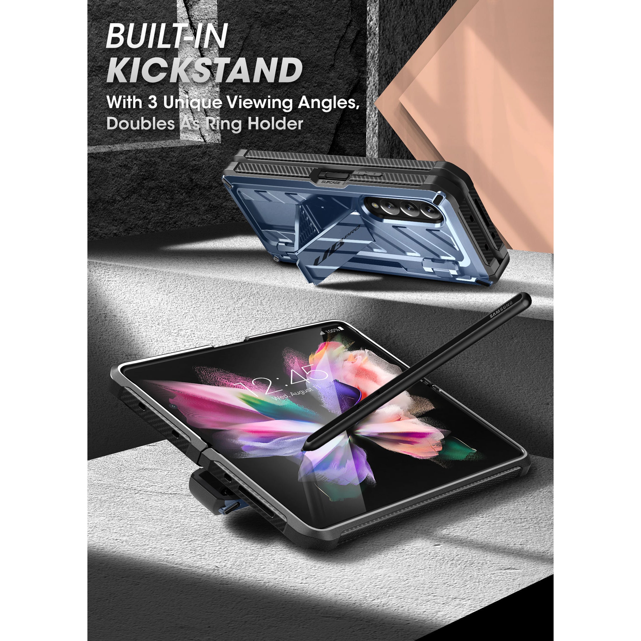 Samsung Galaxy Z Fold 3 Unicorn Beetle Pro Rugged Protective Case with S Pen Holder - Shockproof & Military-Grade Drop Protection - Metallic Blue | Perfect for Outdoor Adventures & Business Travel