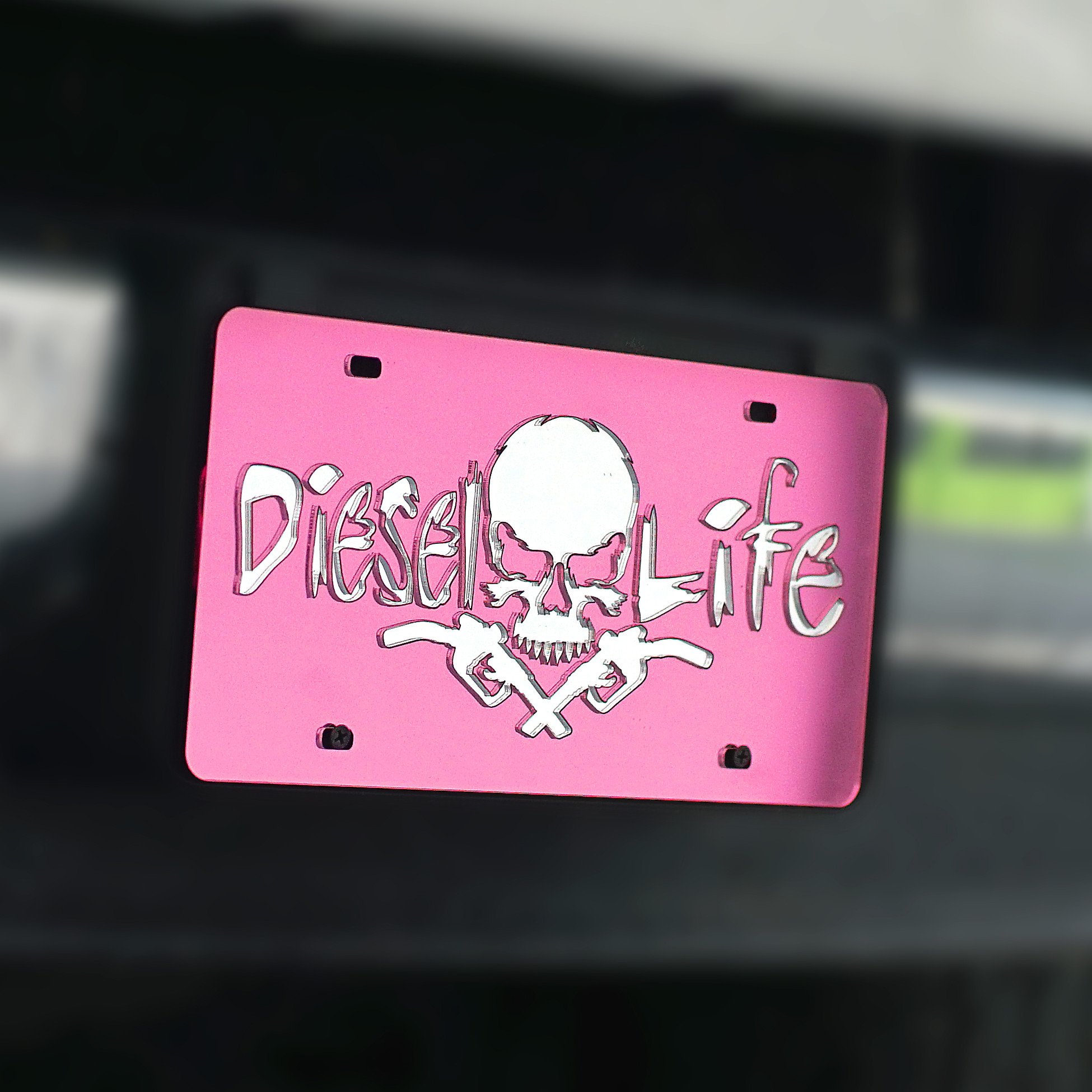 Diesel Life Tag - Stainless Steel Engraved Keychain - Chrome & Pink Color - Perfect for Gifts, Keys, and Everyday Carry Accessories
