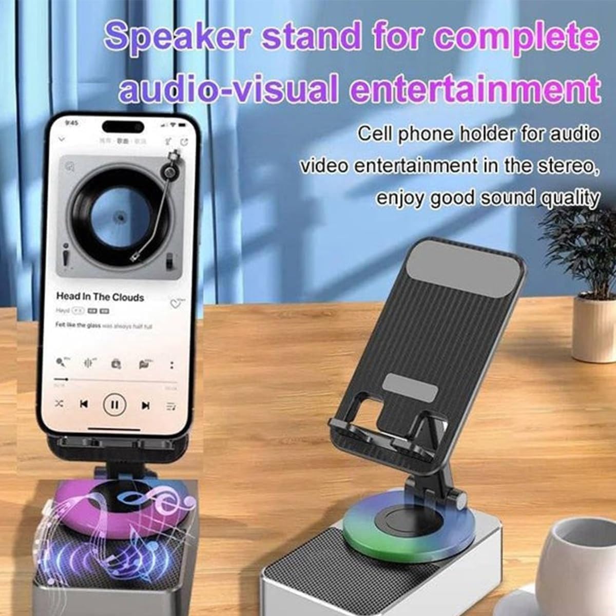 Wireless Bluetooth Speaker Phone Stand with Power Bank - Portable Cell Phone Holder & Charger for Home, Office, and Car Use (Black)
