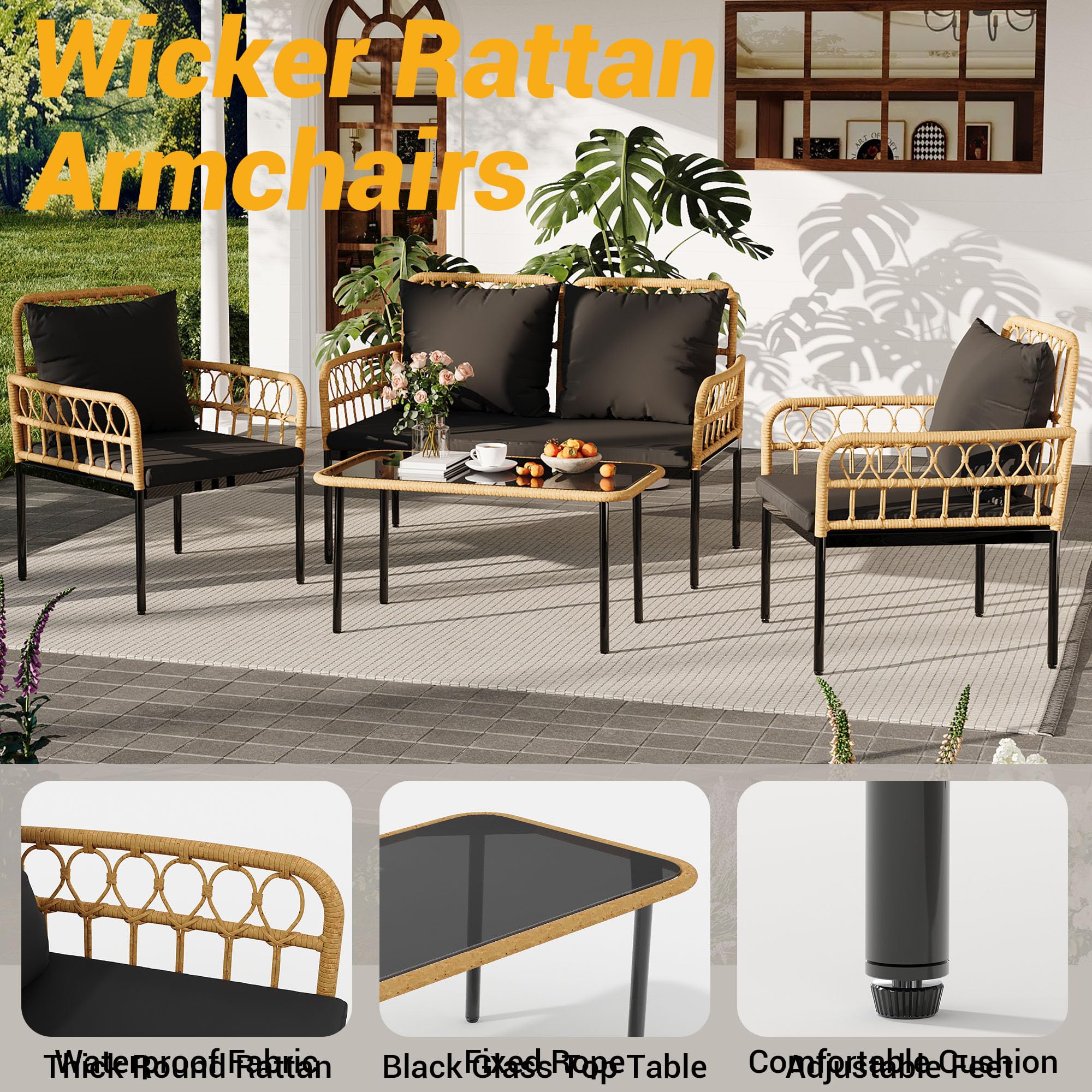 GARVEE 4-Piece Outdoor Wicker Patio Bistro Set - All-Weather Rattan Furniture with Glass Top Coffee Table, Loveseat & 2 Armchairs (Included Cushions) - Black Boho Balcony Set for Backyard, Garden, Poolside & Patio Decor