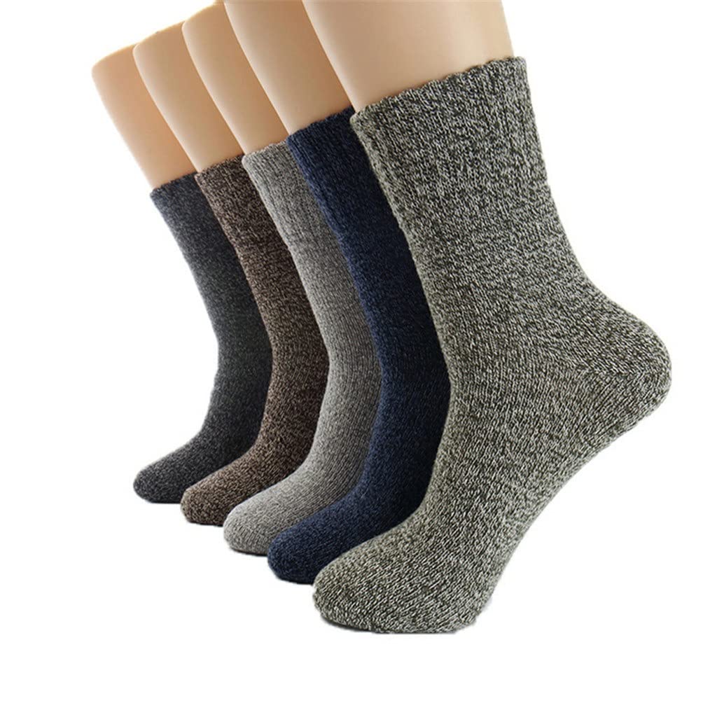 5 Pairs Men's Wool Winter Socks - Warm Thick Cotton Snow Socks for Men, Striped Retro Style (Mixed Colors, One Size) - Perfect for Cold Weather, Outdoor Activities & Daily Wear