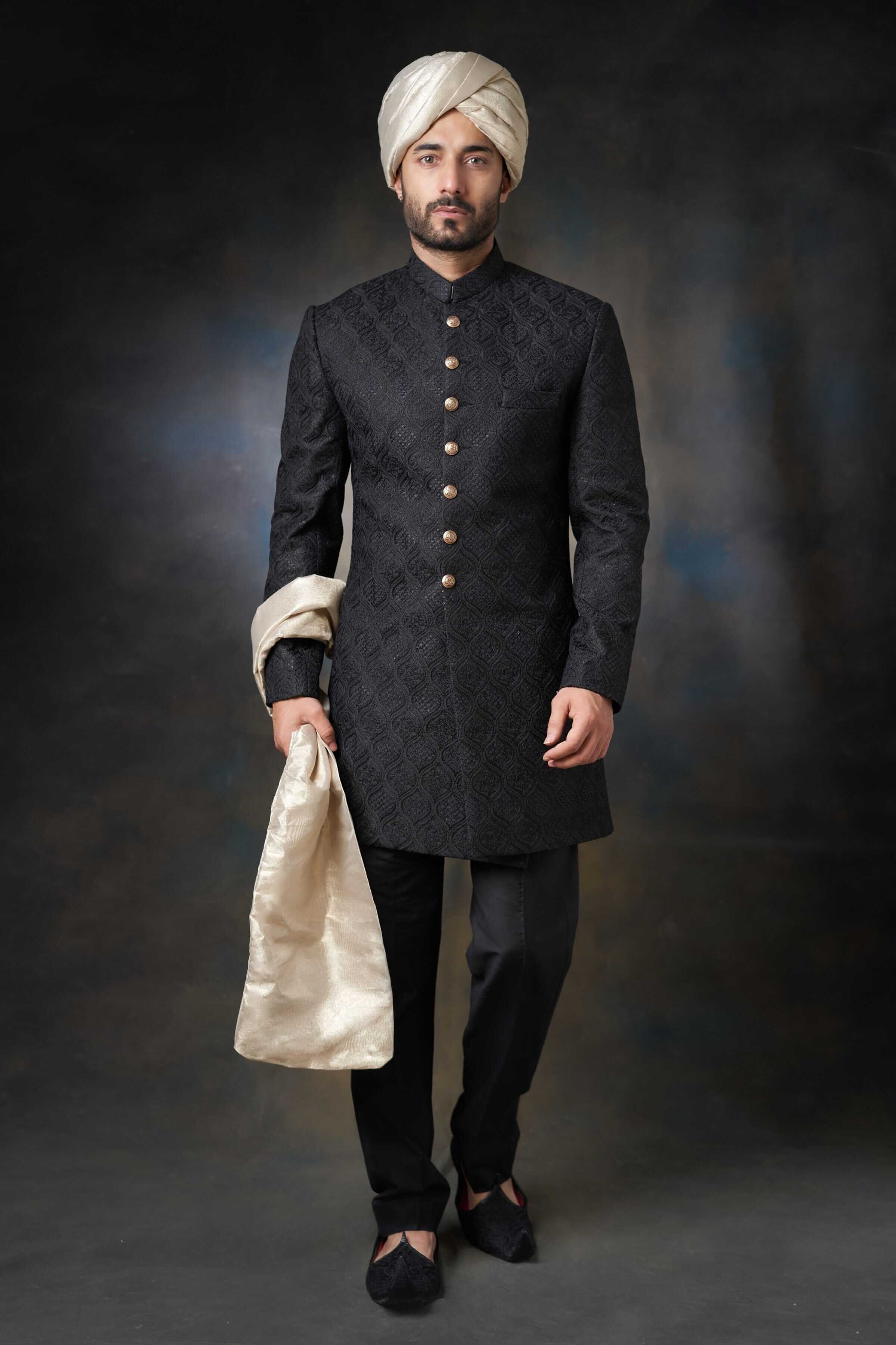 Jet Black Persian Gardens Short Sherwani for Men - Elegant Traditional Indian Wedding Attire for Groom & Groomsmen - Perfect for Weddings, Festivals & Special Occasions
