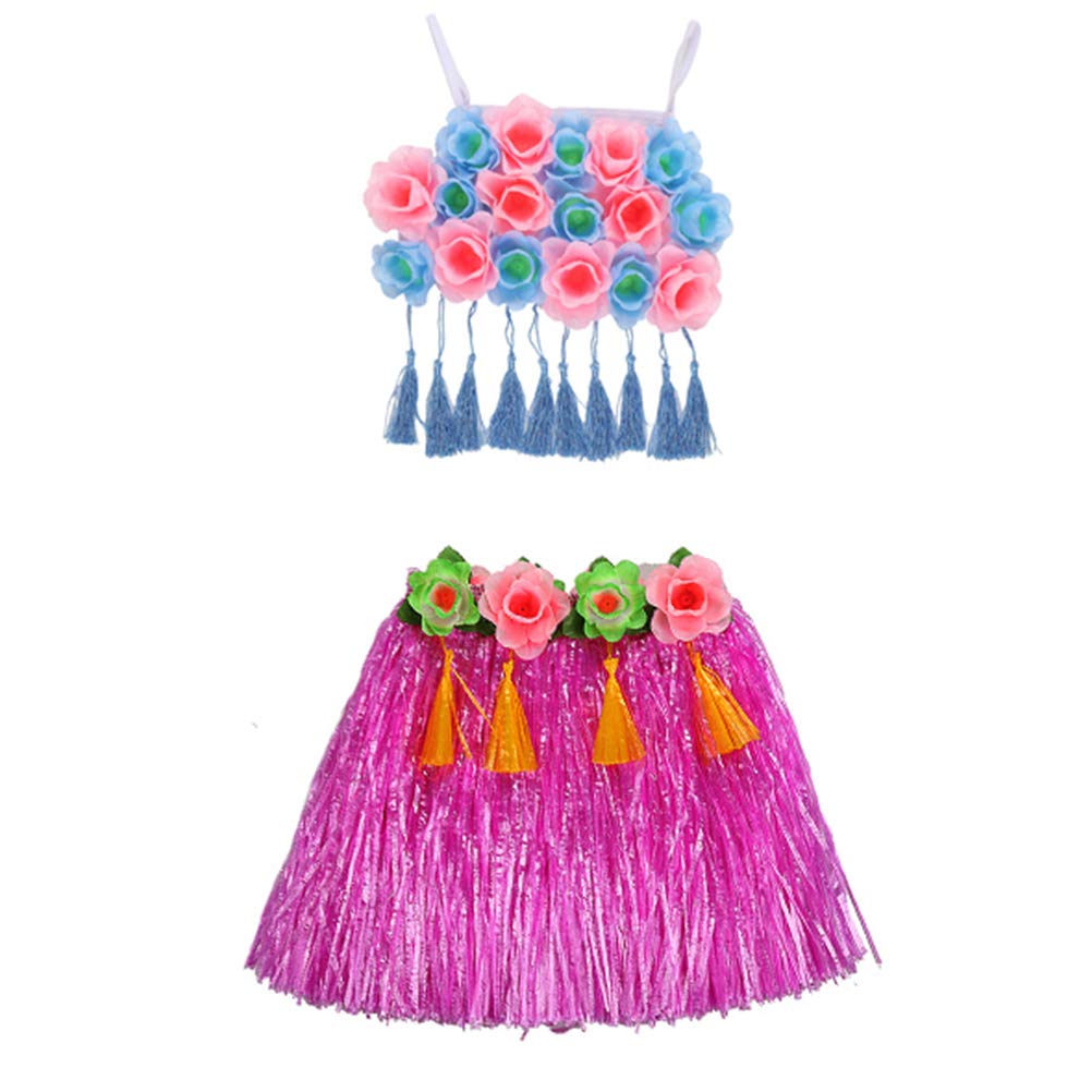 Hawaiian Grass Hula Dance Costume for Kids - Luau Party Skirt Dress with Bonfire Theme (Rosy) | Perfect for Hula Performances, Luau Parties, and Cultural Events