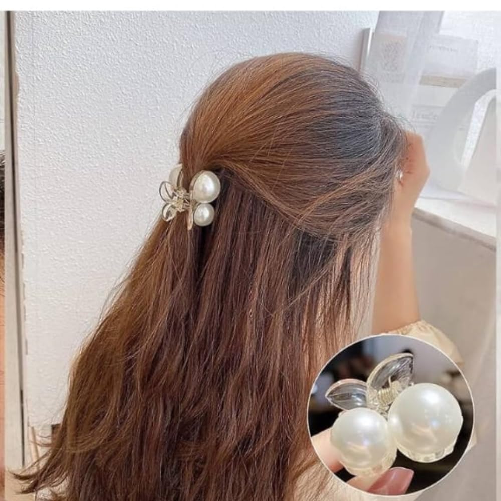 RSJ TRADERS Korean 3-Piece Big Pearl Hair Claw Clips - 4.5cm Plastic Hair Clips for Women, Strong Hold Barrettes for Thick & Thin Hair - Perfect for Updos, Ponytails & Everyday Styling