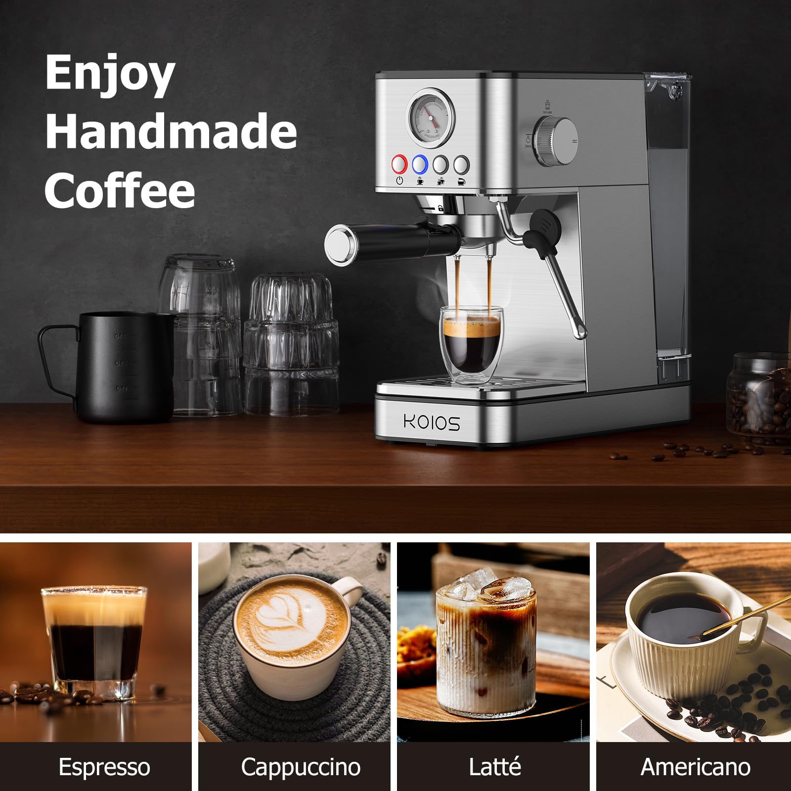 KOIOS 1200W Semi-Automatic Espresso Machine with Foaming Steam Wand - 20 Bar Pressure, 58oz Removable Water Tank - Perfect for Home Baristas to Make Espresso, Cappuccino & Latte - Ideal for Morning Coffee, Afternoon Pick-Me-Up & Entertaining Guests