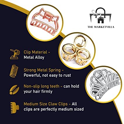 DeLush Metal Hair Clips for Women - Stylish Medium Size Hair Clutchers for Girls & Women, 8-Pack Multi-Design Hair Accessories for Everyday Use, Parties & Weddings