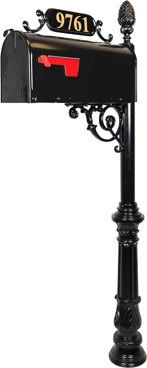 Black Rust-Resistant Charleston Mailbox & Post System with Address Plaque, Numbers & Scroll - Durable Outdoor Mailbox for Homes, Farms & Rural Properties - Includes Mounting Hardware (Standard Size)