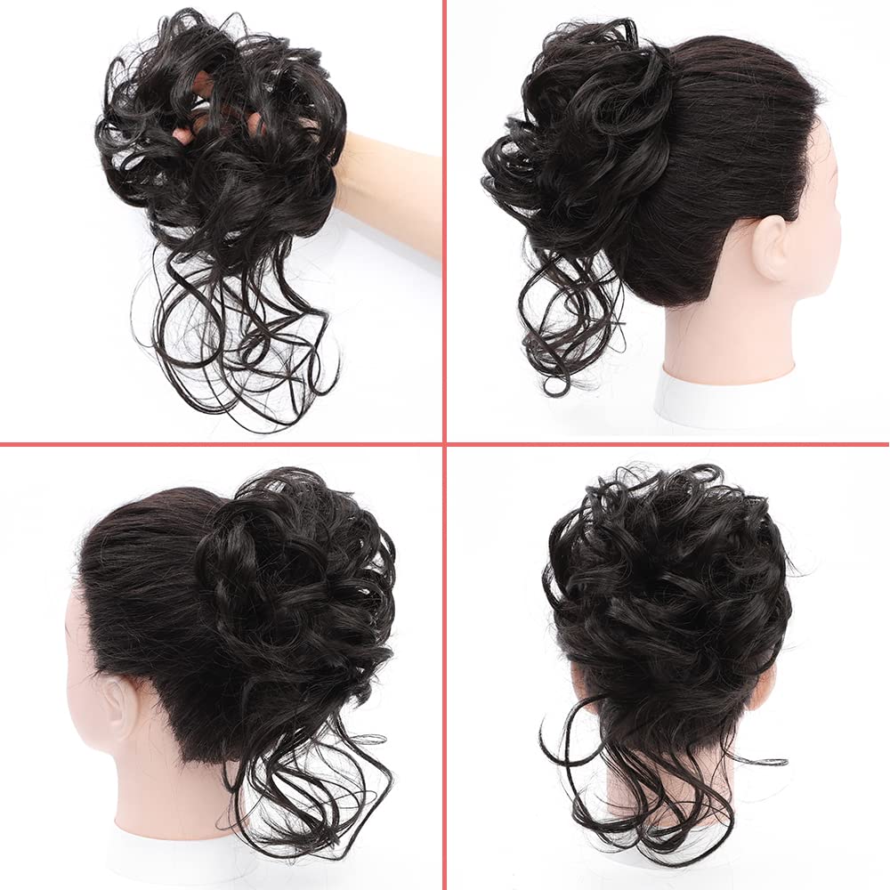 KETHBE Messy Bun Hair Piece - Tousled Updo Hair Extension with Elastic Band, Curly Hair Bun Scrunchie for Women (Brownish Black) - Perfect for Casual, Party & Everyday Hairstyles