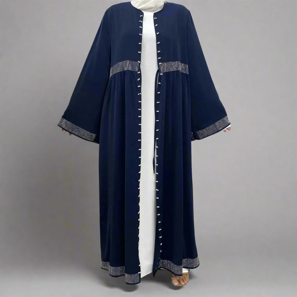Hotfix Rhinestone Beaded Muslim Women's Cardigan Open Abaya Dress - Elegant Islamic Prayer Wear for Special Occasions & Daily Use