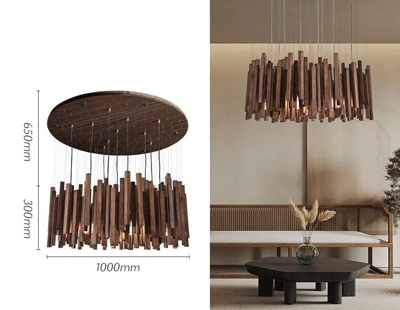 Solid Oak Wood Hanging Chandelier - Rustic Farmhouse Ceiling Light Fixture for Dining Room, Kitchen Island & Bedroom Decor
