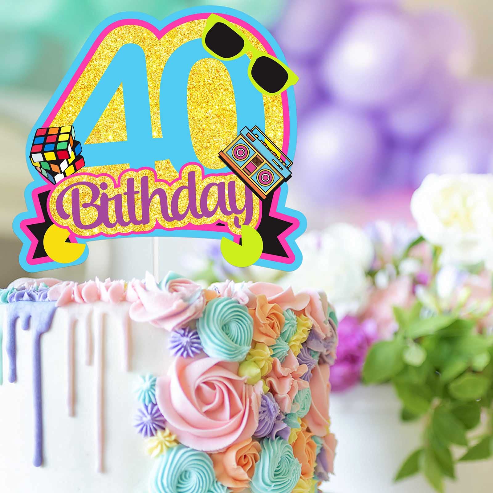 Blue Glitter Happy Birthday 40 Cake Topper - Retro Radio Theme Party Decor for Men & Women - Perfect for Birthday Celebrations, Anniversaries & Themed Parties