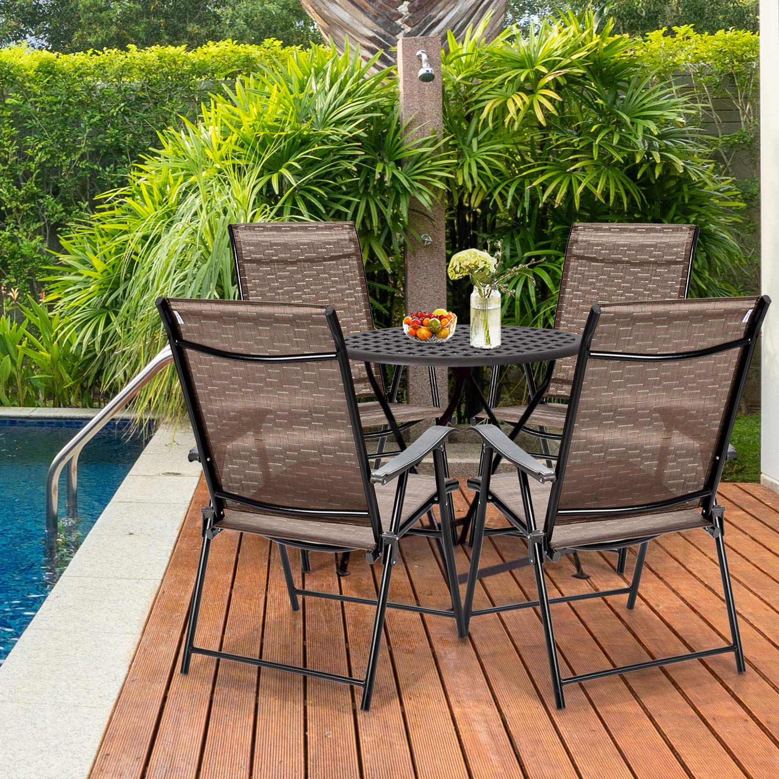 SAFSTAR Folding Patio Chairs Set of 4 - Portable Sling Back Outdoor Chairs with Armrests & Breathable Fabric - Perfect for Garden, Backyard, Poolside, Camping & Beach Relaxation