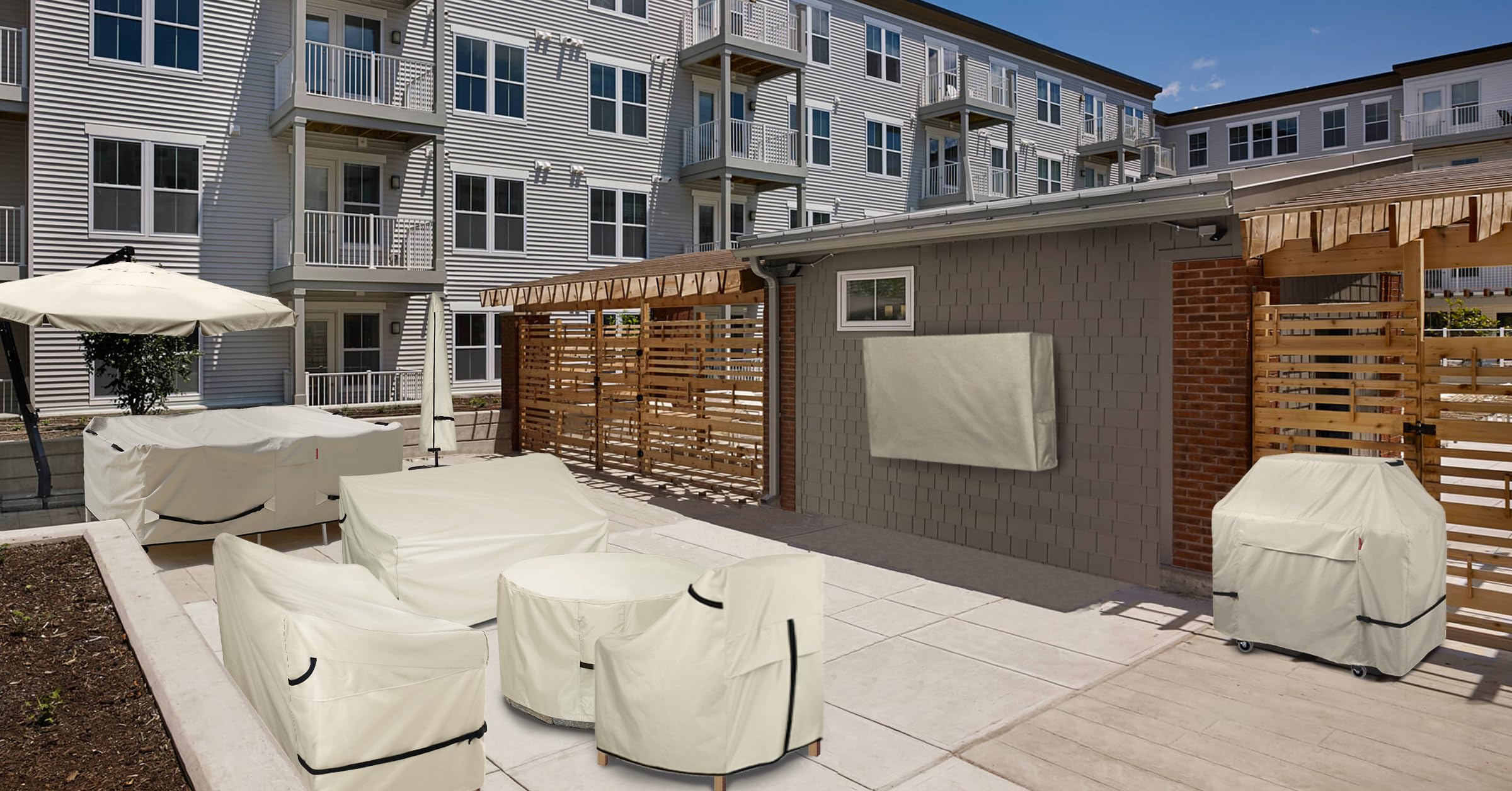 Waterproof 84 x 84 Inch Beige Porch Shield Patio Table Cover - Outdoor Dining Table and Chairs Furniture Protector for All Weather - Perfect for Backyard, Garden, and Deck Use