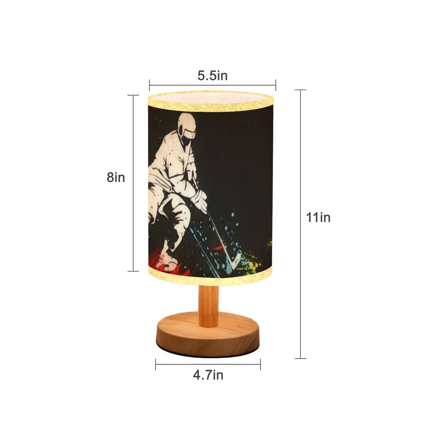 Minimalist Wood Base Nightstand Lamp with Flaxen Fabric Shade - Hockey Player Vector Design Bedside Table Light for Bedroom, Living Room & Office - Perfect for Reading, Relaxing & Home Decor