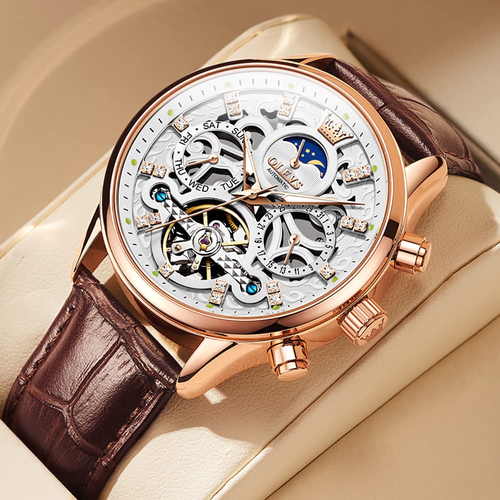 OLEVS Men's Automatic Skeleton Watch - Mechanical Dress & Casual Wristwatch with Moon Phase, Luminous Hands, Waterproof, Brown/Black Leather Strap - Perfect for Business, Formal Events & Everyday Wear