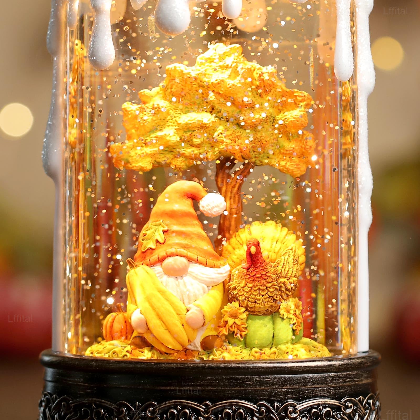 Fall Snow Globe Lantern with Gnome & Turkey - LED Candle Glittering Tabletop Decor for Autumn Thanksgiving, Harvest Day Display with Timer | Seasonal Home Décor, Holiday Centerpiece, Thanksgiving Table Setting