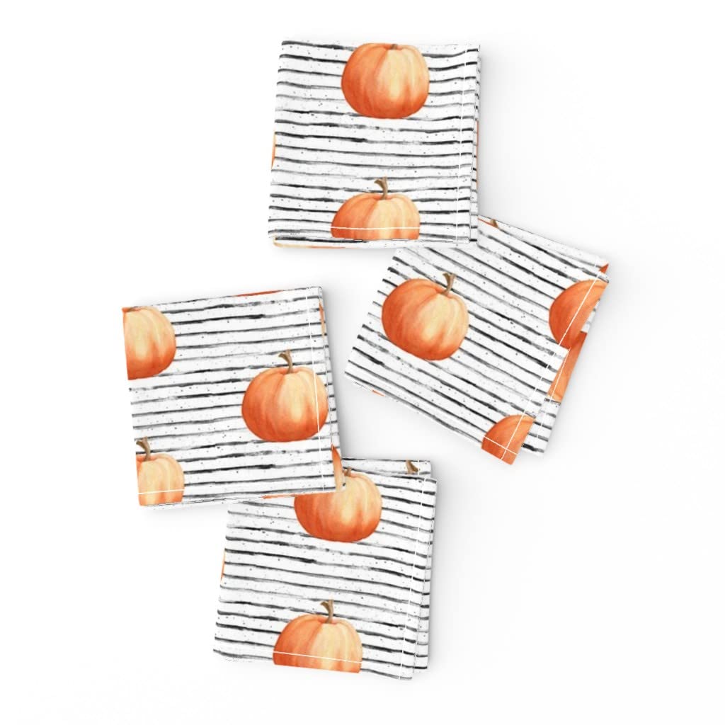 Pumpkin Grunge Striped Cocktail Napkins Set of 4 - Linen Cotton Canvas Drink Napkins for Halloween, Fall & Autumn Parties - Black White Stripes Barware for Home Entertaining & Dinner Decor