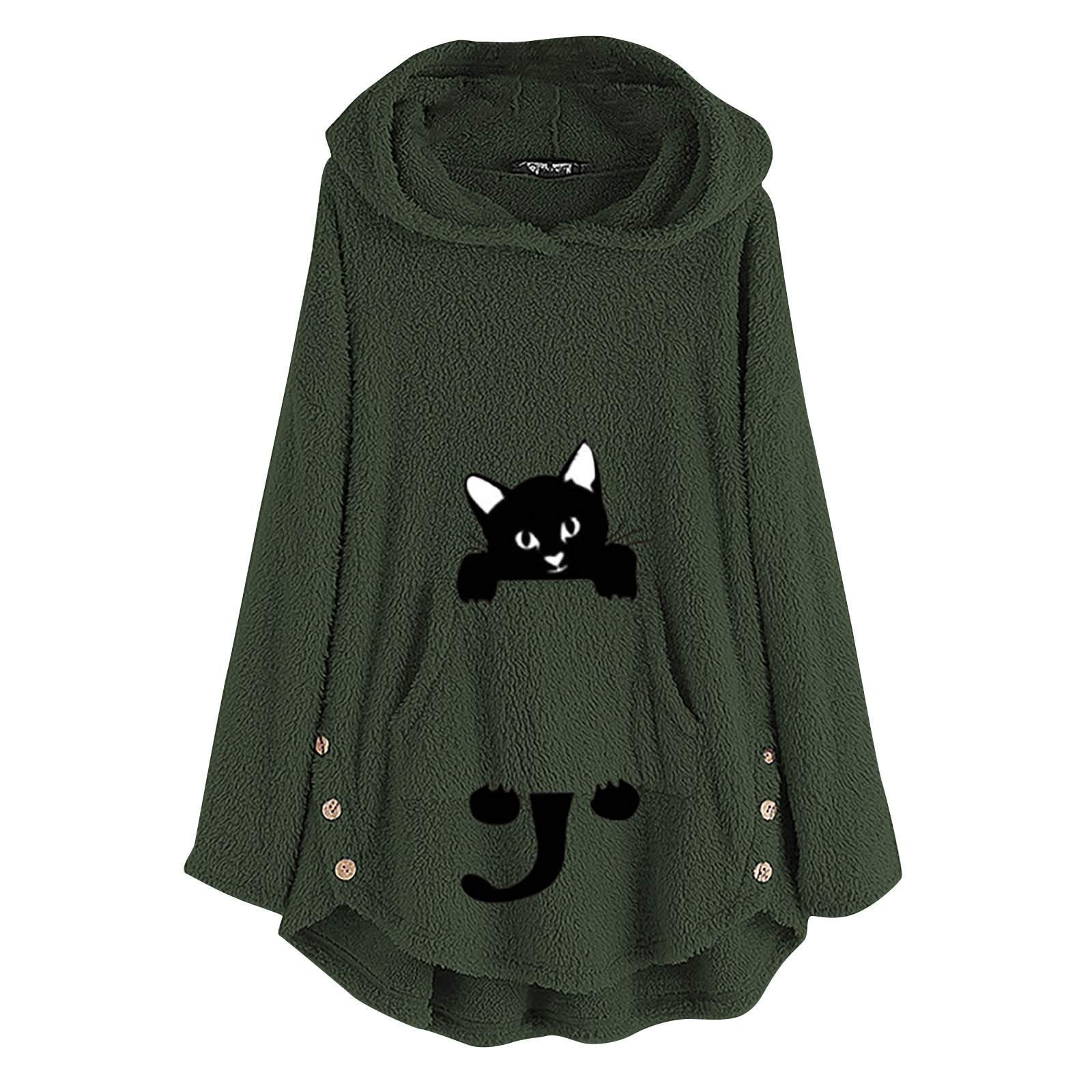 Women's Cute Cat Print Hoodie with Side Pockets & Button Details - Cozy Long Sleeve Pullover Sweatshirt for Casual Wear, Lounge & Outdoor Activities