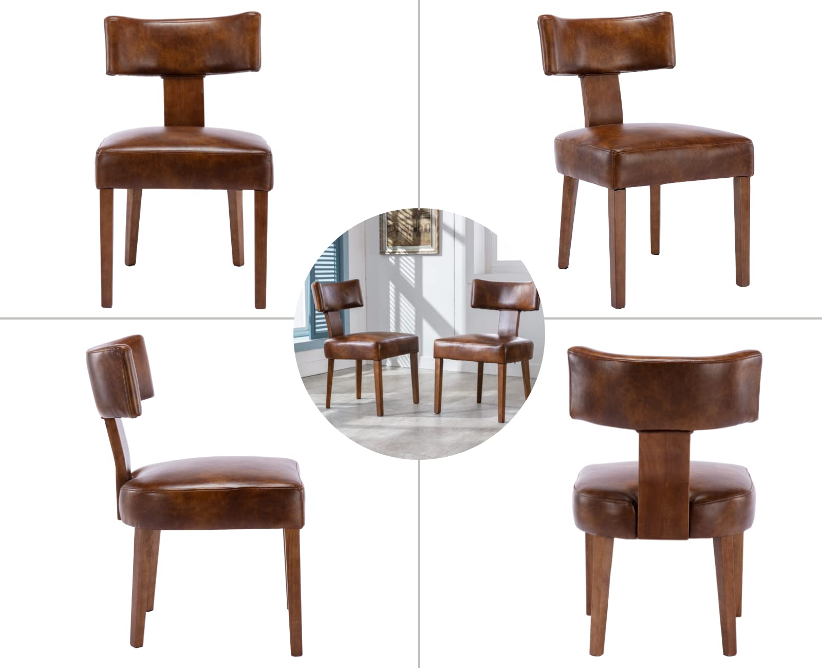 EALSON Mid Century Modern Dining Chairs Set of 2 - Brown Leather Upholstered Kitchen Chairs with Sturdy Wood Legs & Curved Back - Farmhouse Style Accent Chairs for Dining Room, Living Room & Kitchen | Perfect for Home Decor, Family Gatherings & Dinner Parties
