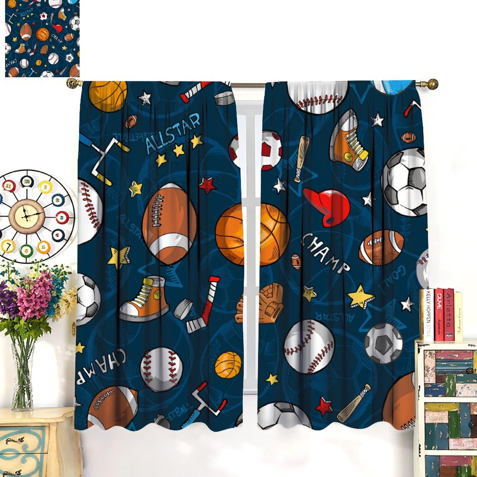 Boys Sports Curtains for Kids Bedroom - Basketball Soccer Baseball Window Treatments for Teen Girls, Living Room & Playroom (84x84 Inches) - Perfect for Sports-Themed Decor, Game Rooms & Teen Bedrooms