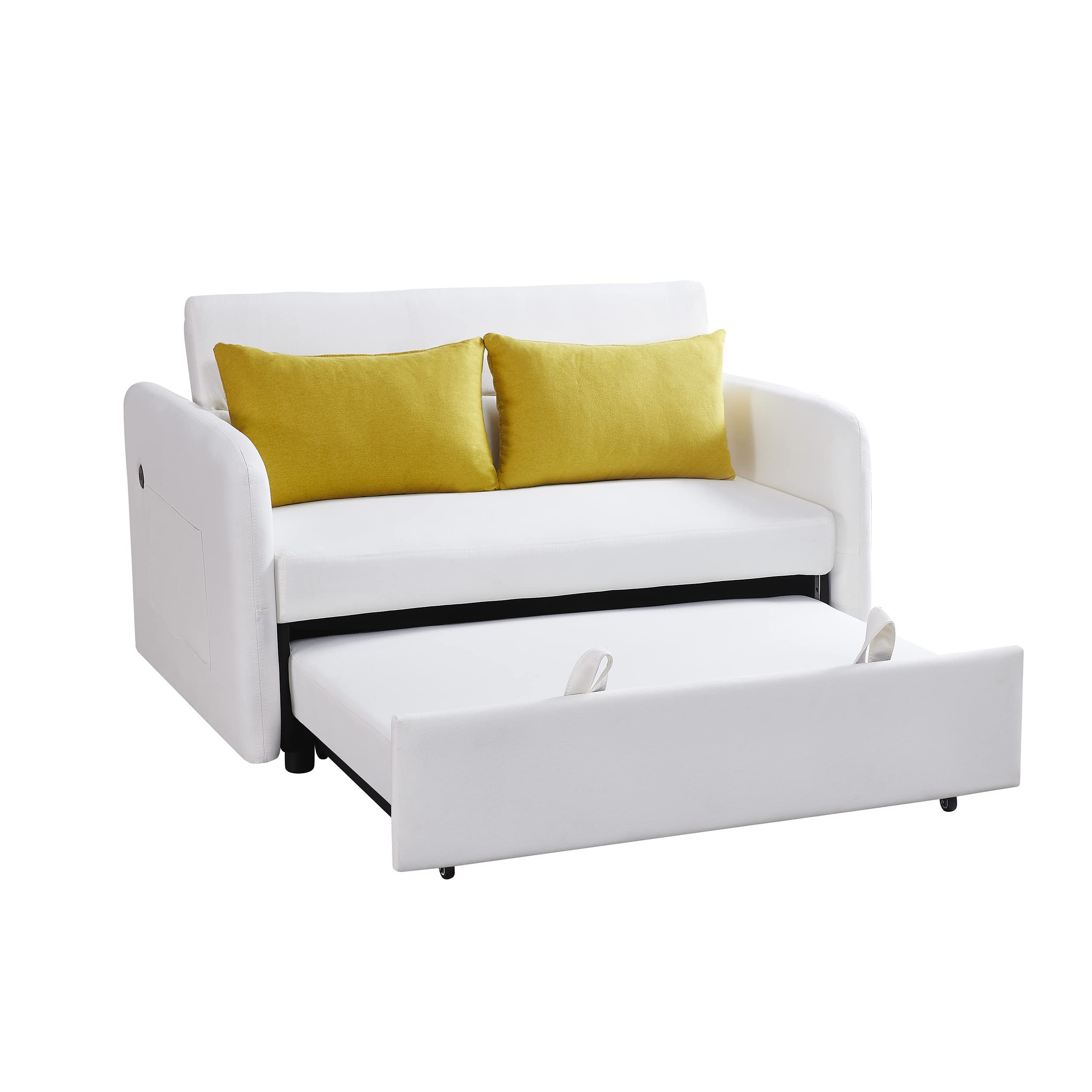 KLMM Modern Convertible Sofa Bed - Multi-Functional Adjustable Lounge Chaise with USB Port & Storage Pocket, Pull Out Sleeper Sofa with 2 Pillows for Living Room, Office, Guest Room & Small Spaces (Beige) - Perfect for Apartments, Dorms and Home Theater Seating