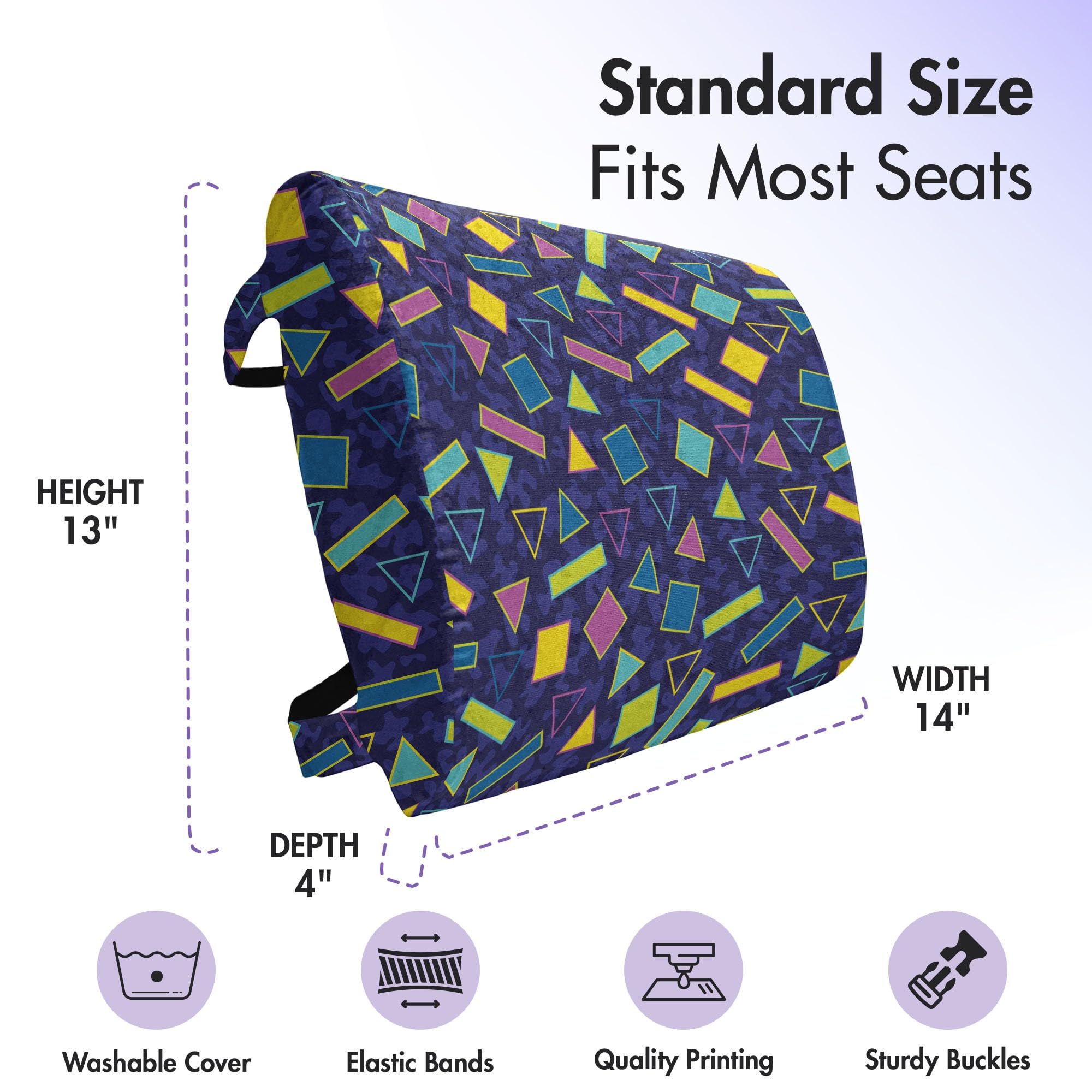 Ambesonne Retro 80s Memphis Style Lumbar Support Pillow - Vibrant Geometric Print, High Density Foam for Office & Car - 14x13 Inch Multicolor Back Cushion | Perfect for Desk Chairs, Gaming Seats & Long Drives