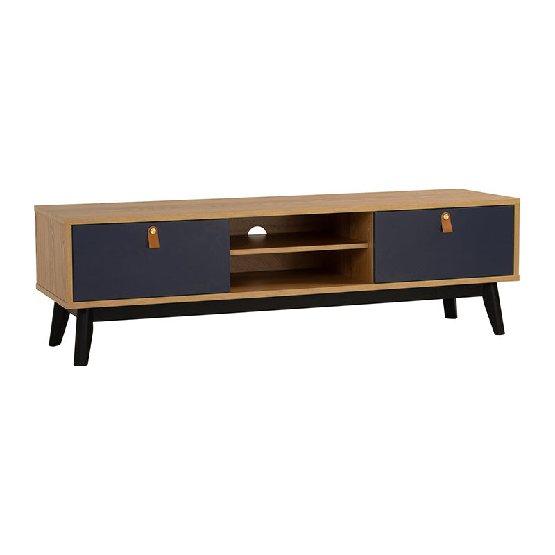 CASTOR 180cm Entertainment TV Stand with Storage - Natural Wood, Navy Blue & Black Finish - Perfect for Living Room, Bedroom & Home Theater Setup