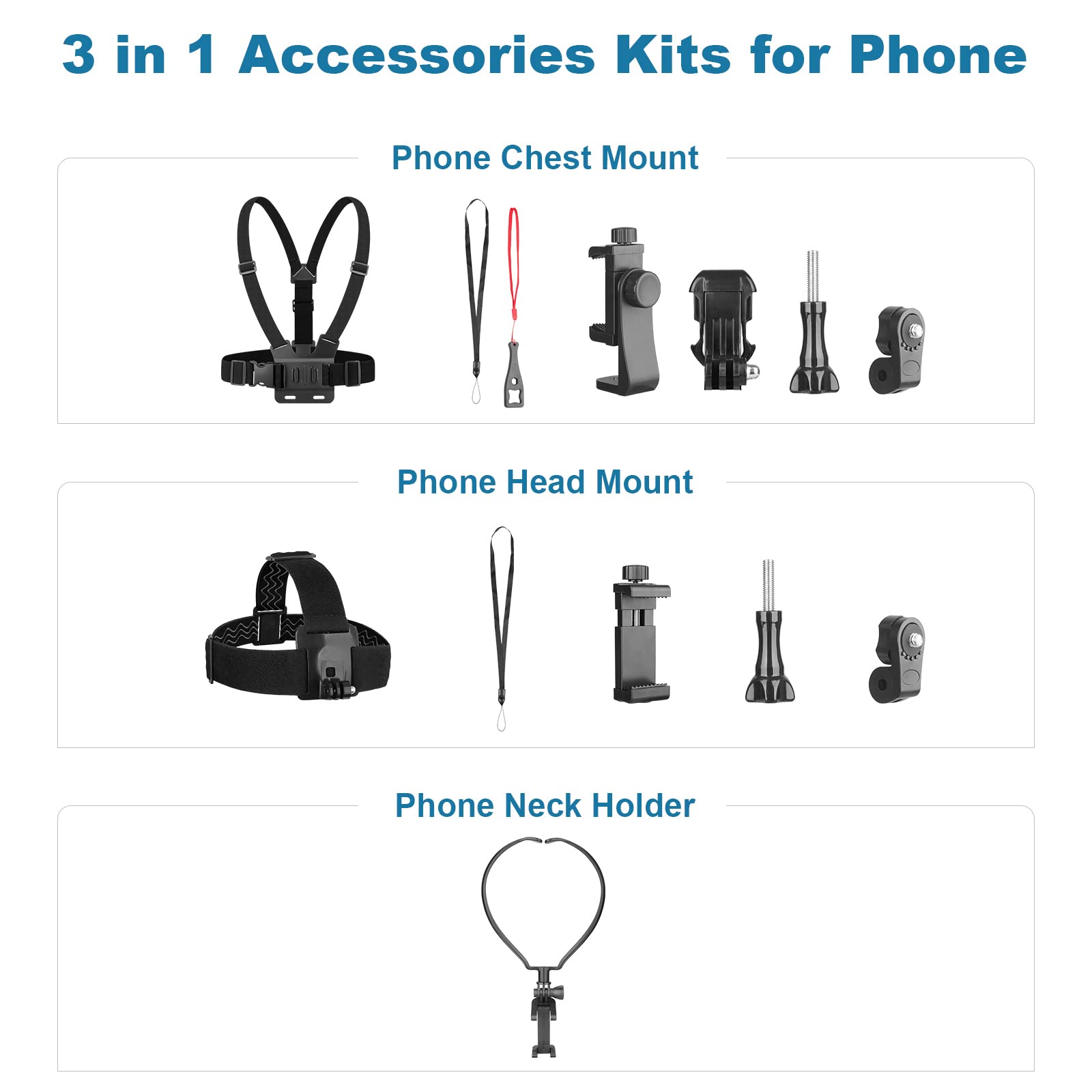 ChromLives 3-in-1 Hands Free Phone Mount Set - Adjustable Neck, Head & Chest Strap Holder for iPhone, GoPro Hero & Smartphones - Perfect for Running, Cycling, Hiking & Outdoor Activities
