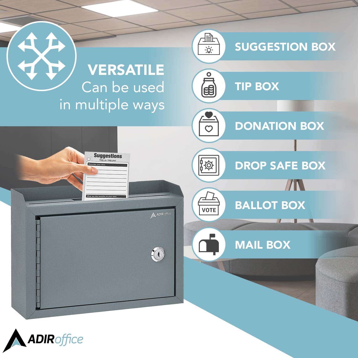 Adir Locking Suggestion Box with Money Slot - Secure Cash Drop Box for Donations, Tips & Payments - 9.8x7.5x3.4 Inch Wall Mount Metal Deposit Box in Gray - Ideal for Offices, Retail Stores & Community Centers