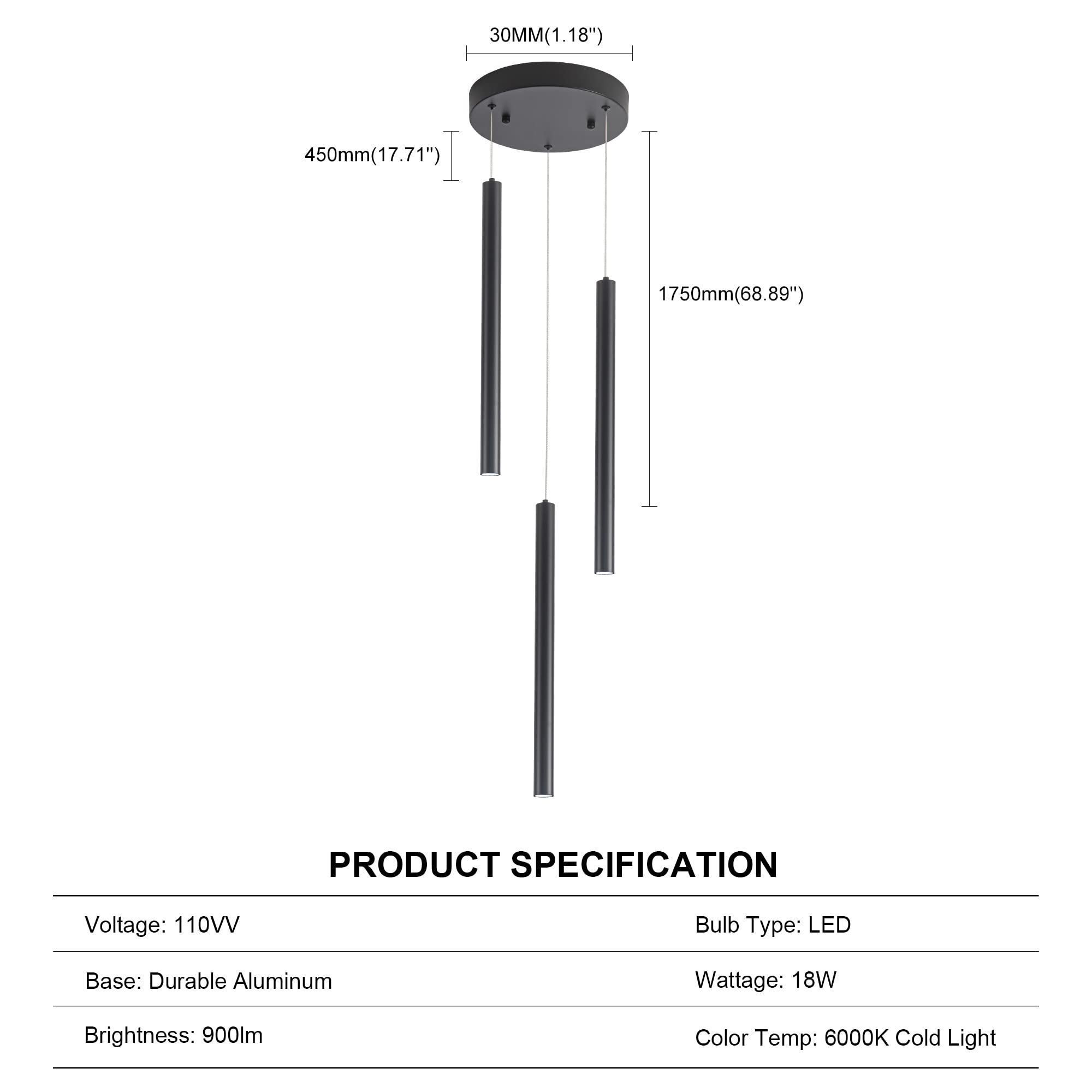 Modern 3-Light Cluster Pendant Lighting Fixture - Dimmable LED Ceiling Hanging Light for Kitchen Island, Dining Room & Bar (6000K Cool White, Black) - Perfect for Contemporary Home Decor & Restaurant Lighting